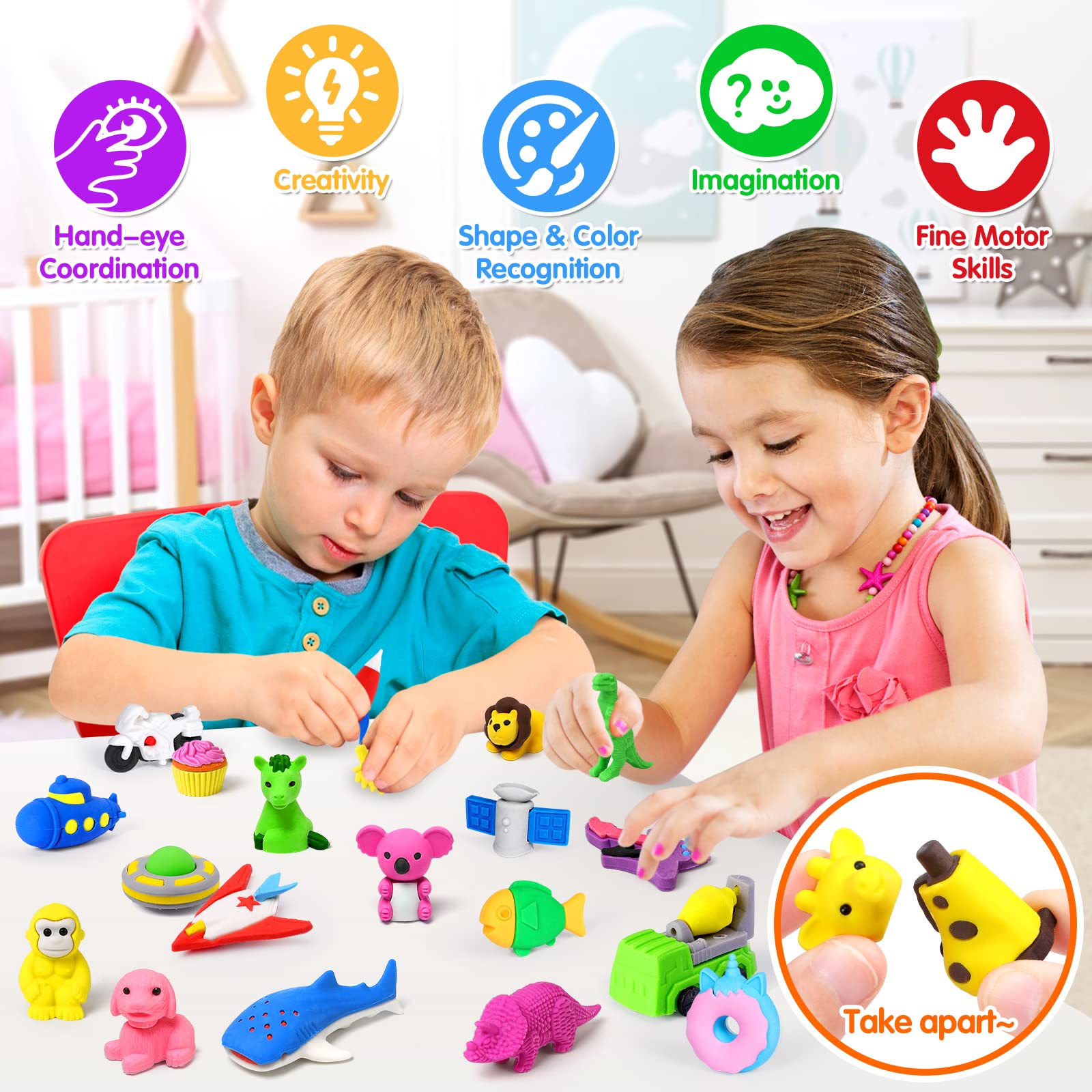 70 Pack 3D Animal Erasers for Kids - Bulk Desk Pets, Classroom Prizes & Treasure Box Toys - Fun School Supplies for Teachers & Students - Perfect for Back to School, Party Favors & Learning Activities (Random Styles)