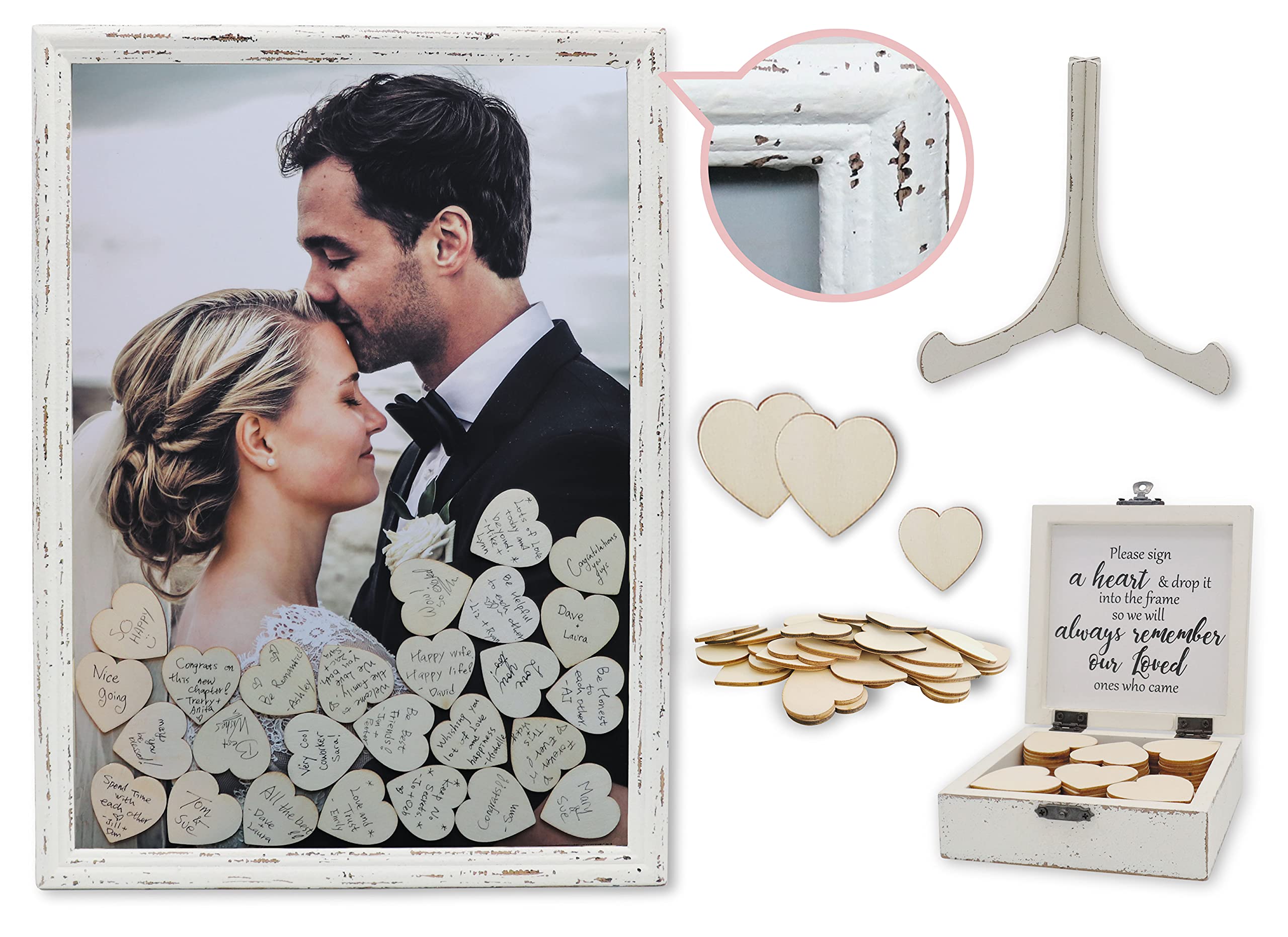 Vintage Wooden Guest Book Frame with Stand - 90 Wooden Hearts & Matching Keepsake Box - Perfect for Weddings, Bridal Showers, Baby Showers, Anniversaries & Special Events - Elegant Wedding Guest Book Alternative for Memorable Celebrations