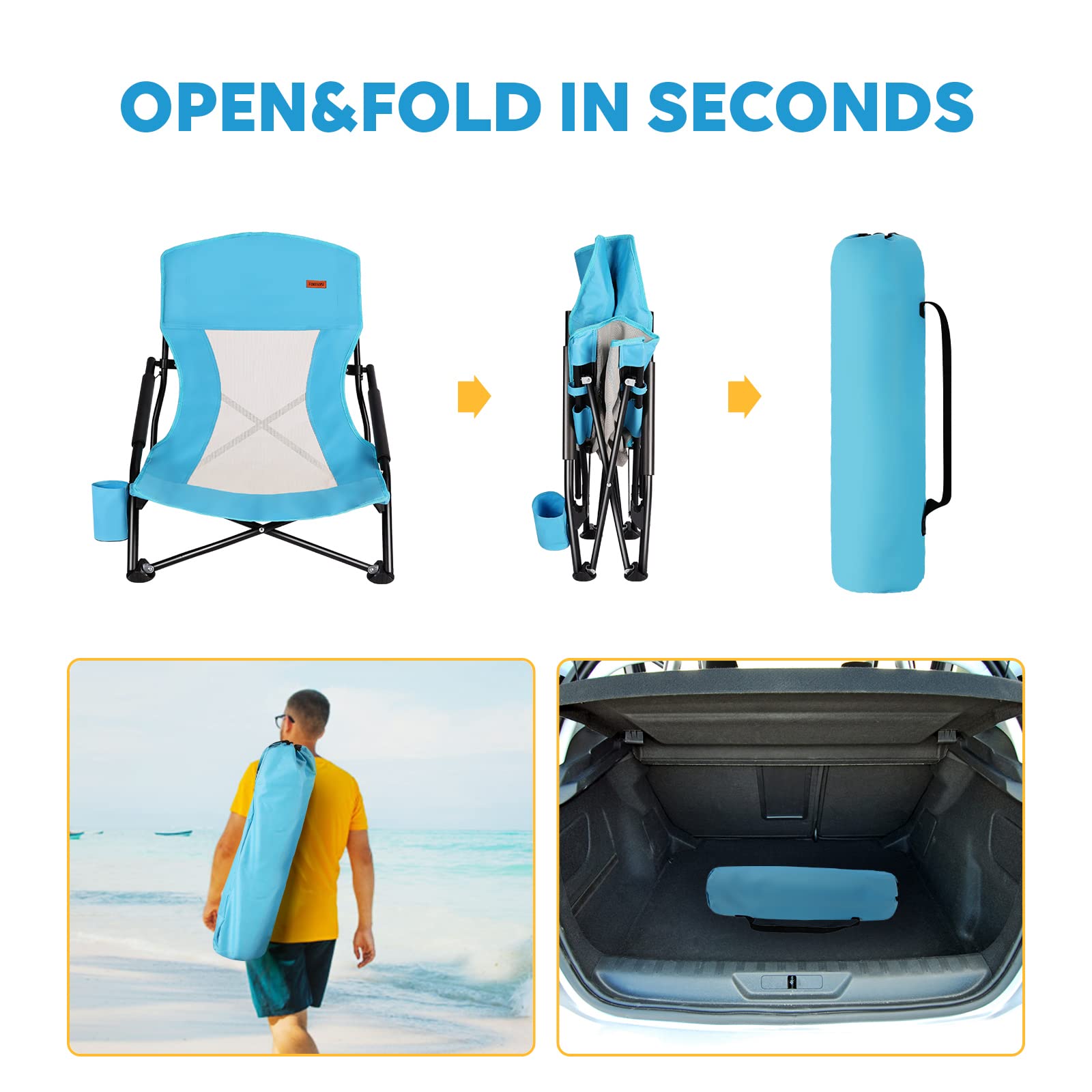 TOBTOS Low Beach Chair for Adults - 2 Pack Heavy Duty Folding Chairs with Cup Holder & Carry Bag - Portable Low Profile Outdoor Chairs for Beach, Camping, Concert, Travel, Picnics and Backyard Relaxation