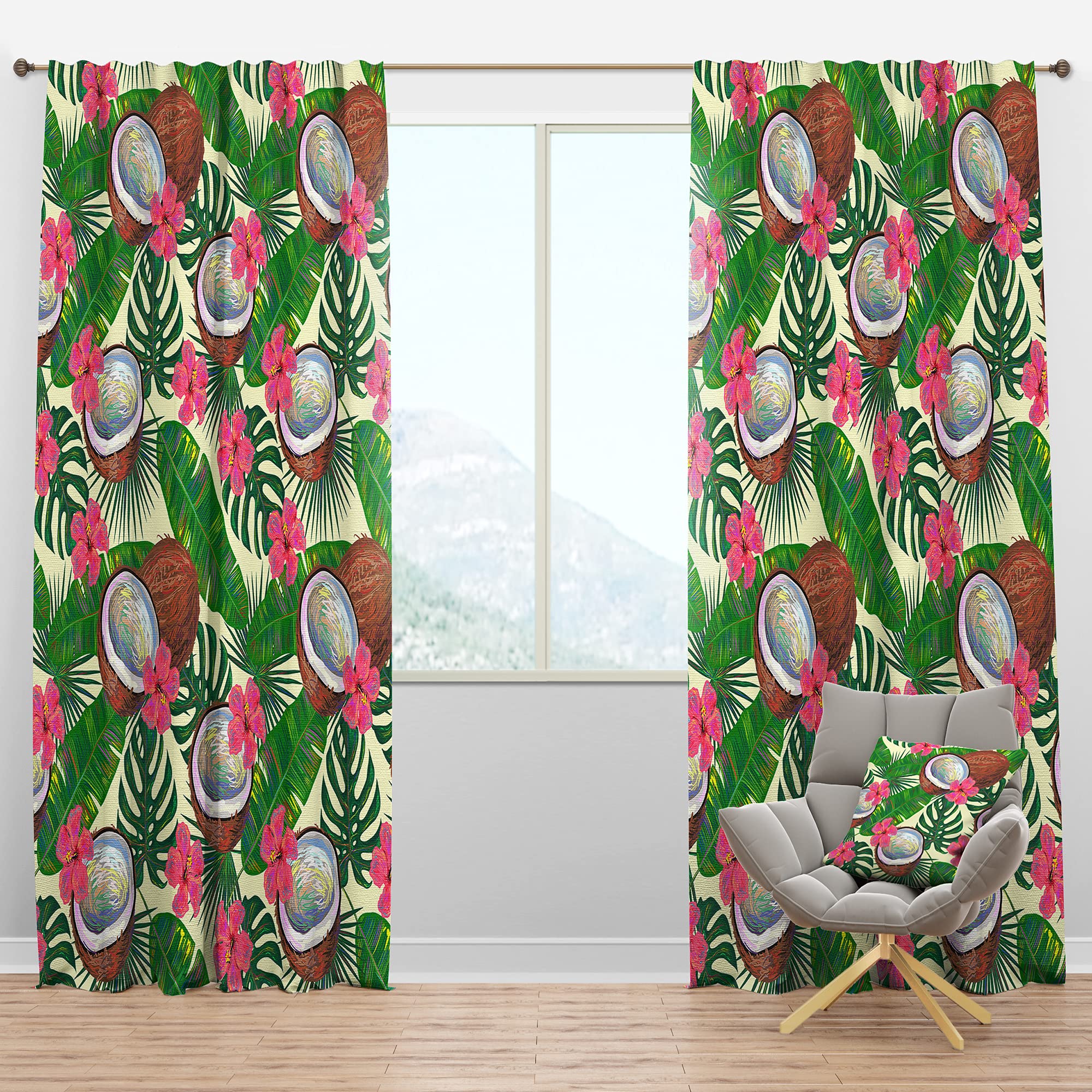 DesignQ Blackout Curtains - Tropical Coconut & Jungle Flowers Print - Thermal Insulated Room Darkening Drapes for Bedroom & Living Room - 52x84 Inches Single Panel - Perfect for Home Decor, Privacy & Energy Efficiency