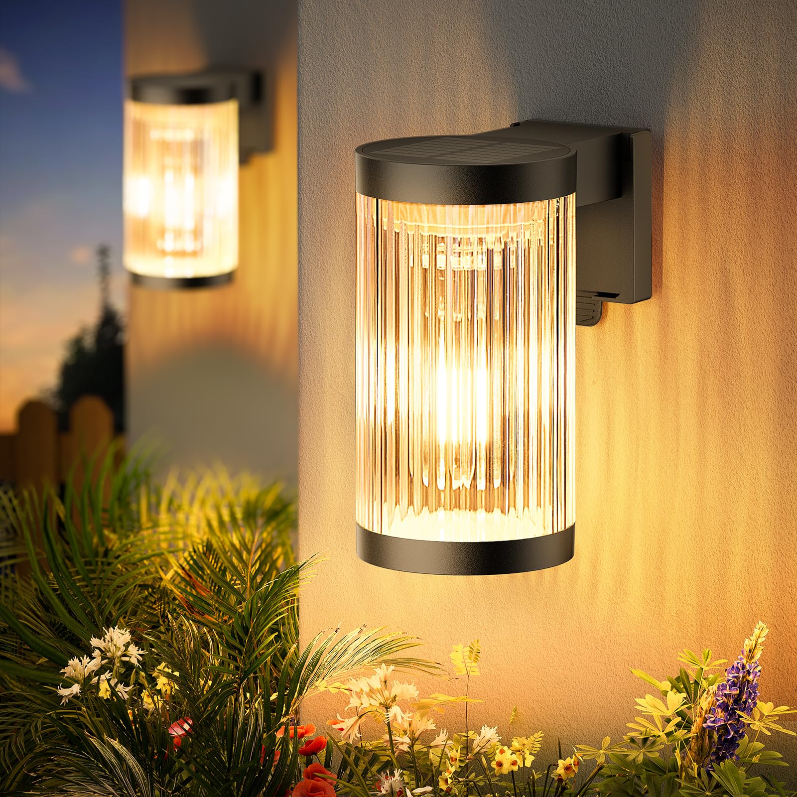 KOOPER Solar Wall Lights Outdoor 2 Pack - Upgraded Waterproof IP65 Solar Fence & Porch Lights with Auto On/Off - Perfect for Hallway, Backyard, Garage, Deck & Patio Lighting