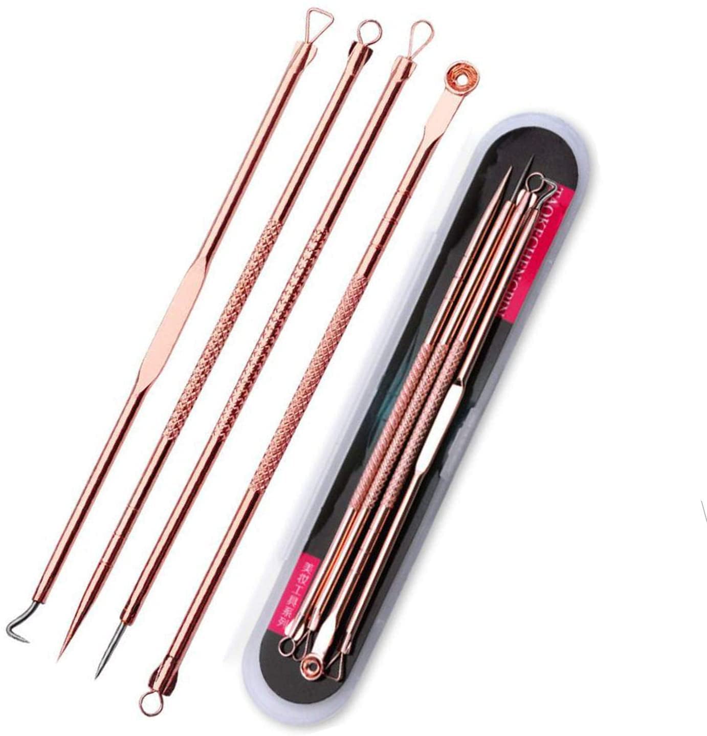 Professional Blackhead Remover Kit - 4-Piece Acne Treatment Tools for Whitehead & Comedone Extraction | Safe Blemish & Zit Removal for Face & Nose | Includes Travel Case (Rose Gold) | Perfect for Home Skincare & Travel Beauty Routine