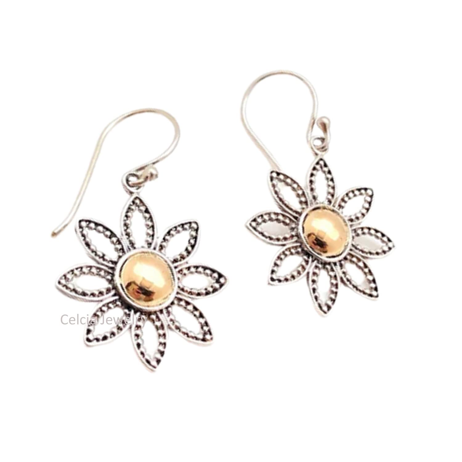 925 Sterling Silver Floral Dangle Teardrop Earrings for Women - Two-Tone Brass Ball Flower Earrings - Bali Style Handmade Jewelry - Perfect for Weddings, Parties & Boho Fashion