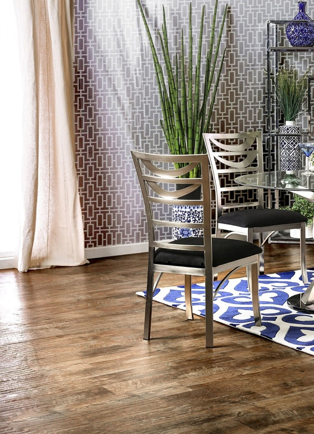 Modern Silver Metal 2-Piece Dining Chair Set with Black Microfiber Seat - Ladder Back Design with Satin Powder Coating - Perfect for Kitchen, Dining Room, and Breakfast Nook