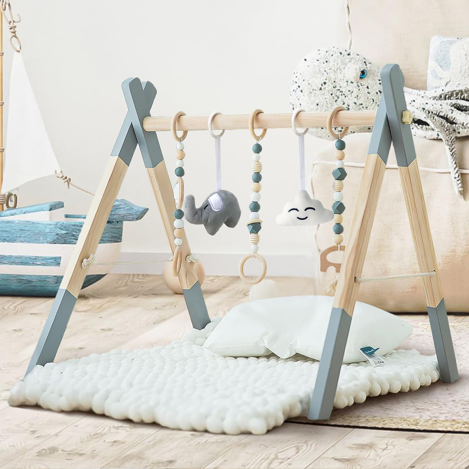 Foldable Wooden Baby Play Gym with 5 Hanging Toys - Natural Wood Activity Gym for Newborns & Infants (Grey) | Perfect for Tummy Time, Sensory Play & Early Development