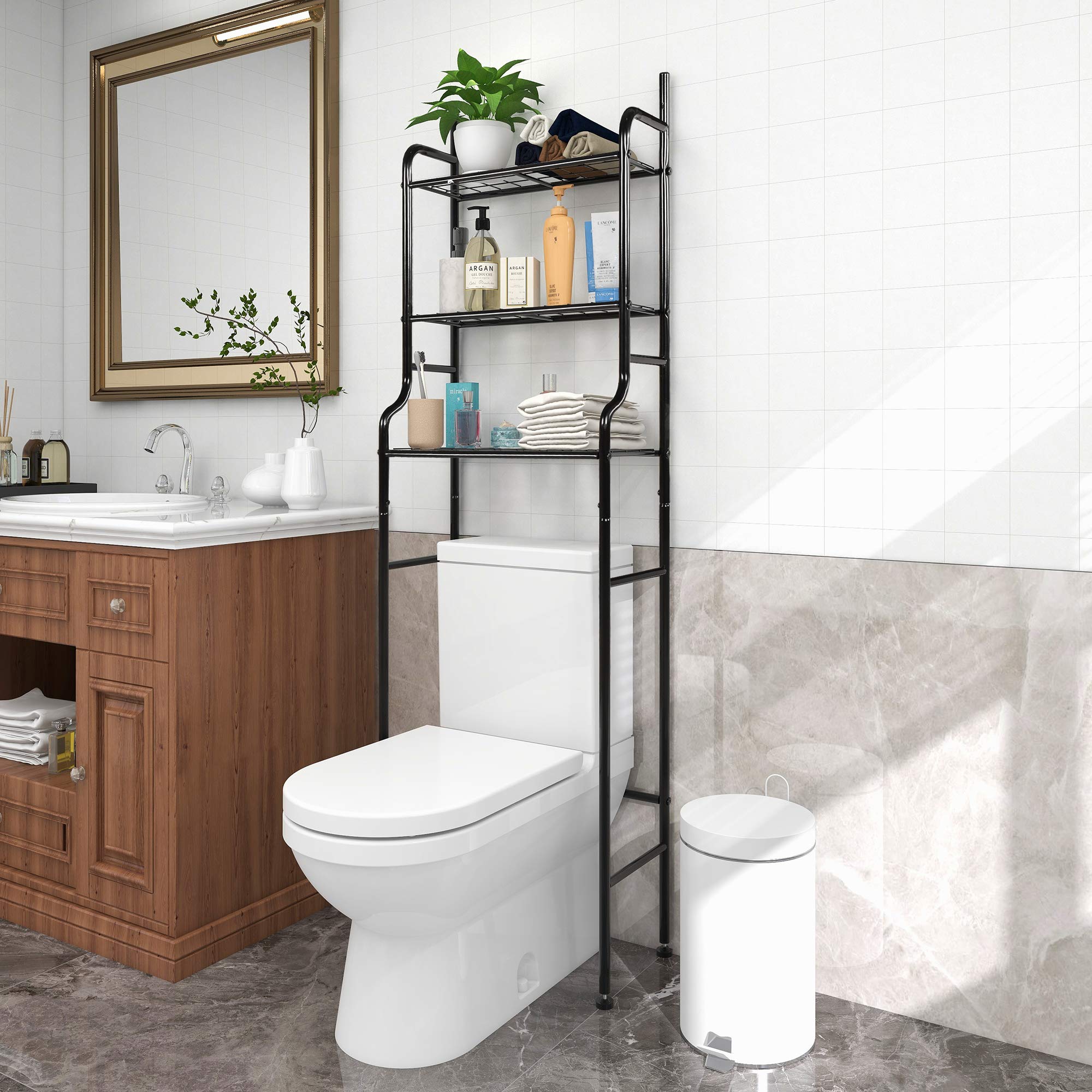 3-Tier Over The Toilet Storage Organizer - Space Saving Bathroom Shelf Unit with Corner Design for Towels, Toiletries & Cosmetics | Perfect for Small Bathrooms, Apartments & Dorm Rooms (Black)
