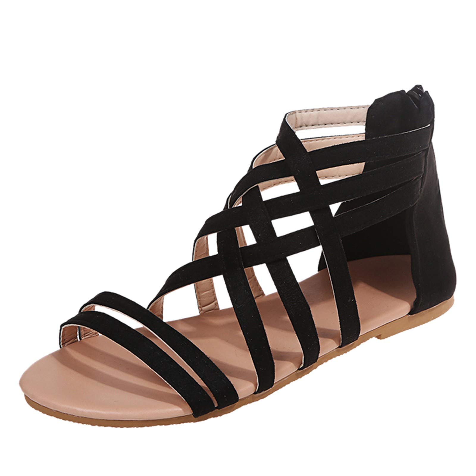 FAMOORE Women's Breathable Open Toe Flat Sandals with Zipper - Comfortable Summer Beach Shoes for Walking, Travel & Casual Outfits