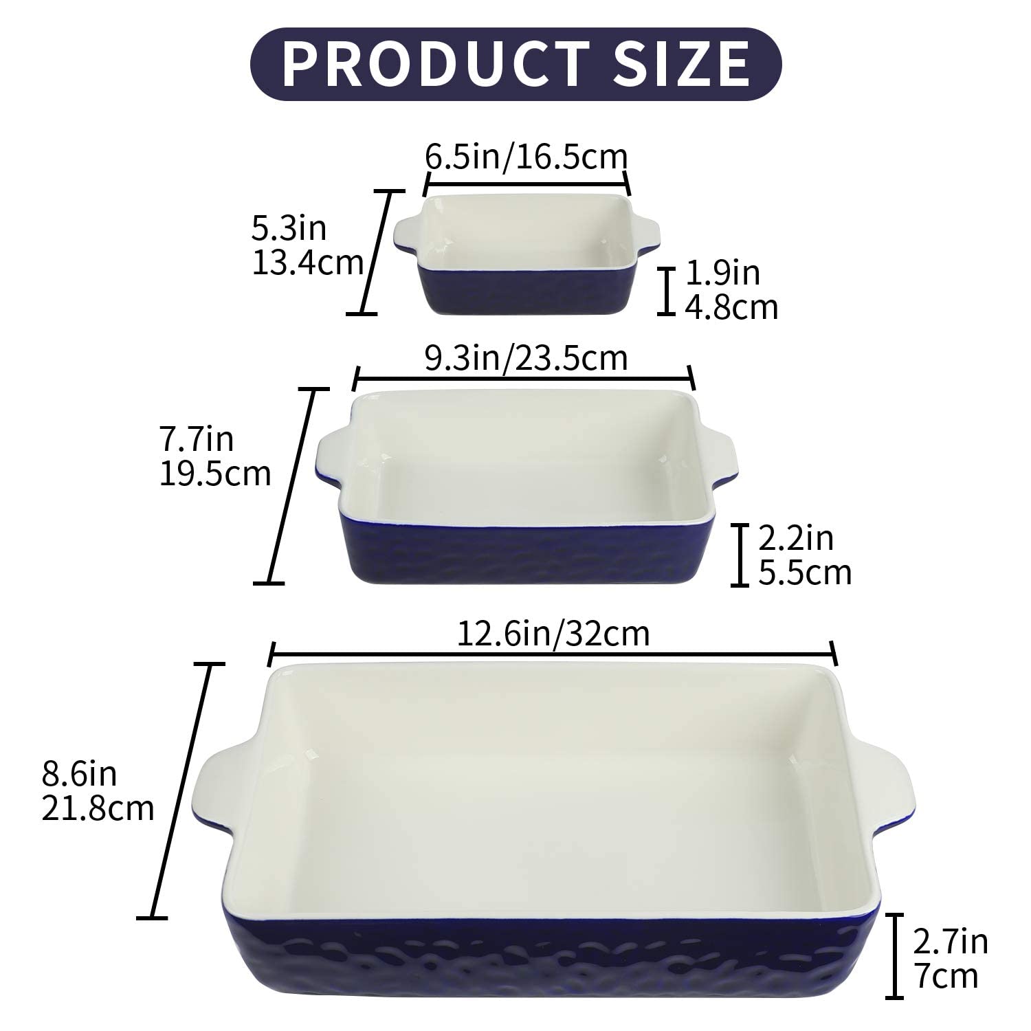 Ceramic Baking Dish Set of 3 - Oven Safe Rectangular Pans with Handles for Cooking & Baking | Perfect for Cakes, Casseroles & Daily Kitchen Use
