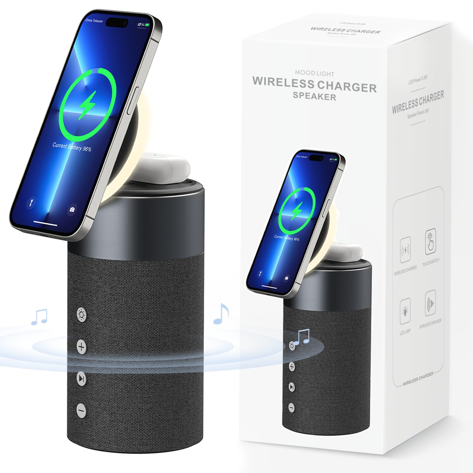 Premium COLSUR 2-in-1 Bluetooth Speaker with Magnetic Wireless Charger & Night Light - Compatible with iPhone 16/15/14/13/12 & AirPods Pro 4/3 - Perfect for Bedroom, Office & Travel (Ideal Gift)