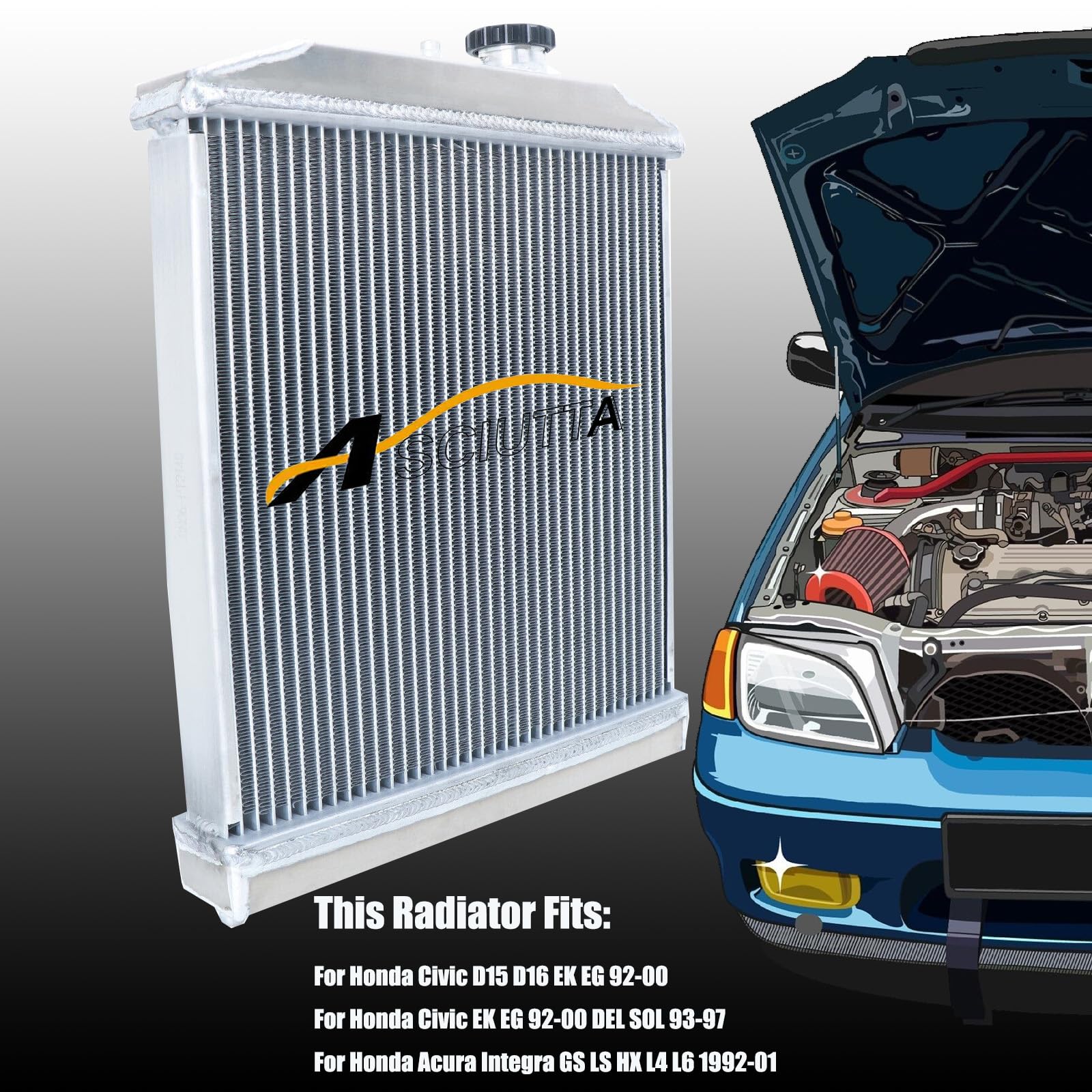 High Performance 3 Row Aluminum Radiator for Honda Civic D15 D16 EK EG & Acura Integra 1992-2000 - Full Aluminum Cooling System with Shroud Fan & Thermostat Relay Kit - Perfect for Street Racing, Daily Driving & Engine Overheating Prevention