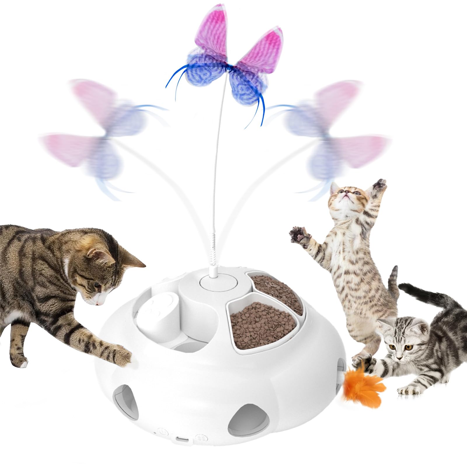 Interactive Cat Toys for Indoor Cats - 4-in-1 Rechargeable Cat Toy Set with Puzzle Feeder, Motorized Butterfly & Feather Wand | Engaging Play for Exercise & Mental Stimulation (White)