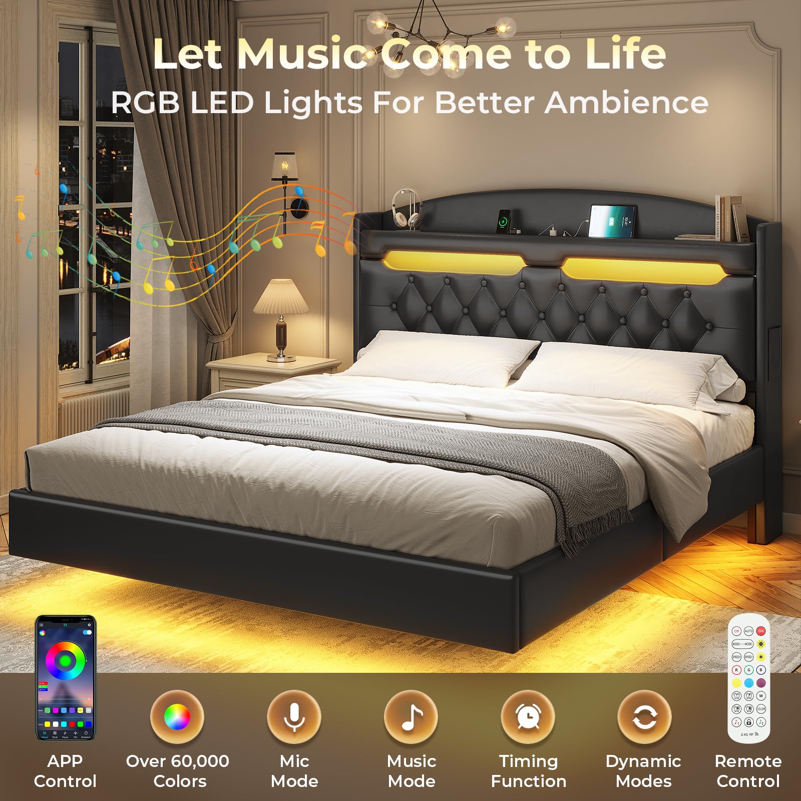 ADORNEVE Full Size Floating Bed Frame with Hidden Storage Headboard & LED Lights - Upholstered Leather Platform Bed with USB Charging Station, No Box Spring Needed (Black) - Perfect for Modern Bedrooms, Small Spaces & Luxury Home Decor
