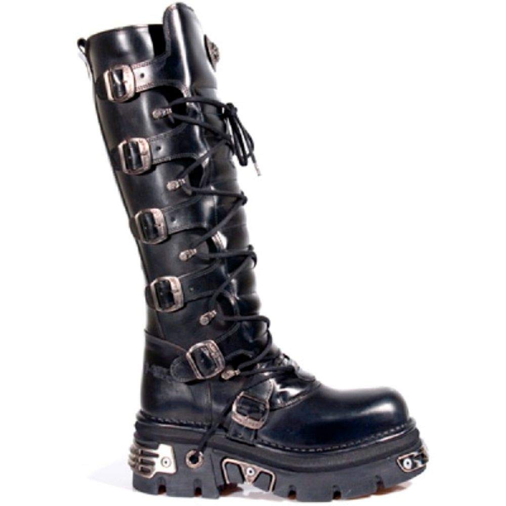 New Rock Newrock 272 Metallic Black Gothic Knee High Zip-Up Leather Boots with Buckles - Perfect for Goth Fashion, Punk Outfits & Alternative Style