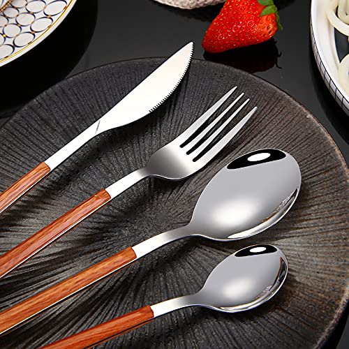24-Piece Stainless Steel Silverware Set - Luxury Dinnerware Cutlery with Imitation Marble Wood Grain Handle (Knife, Fork, Spoon) - Elegant Table Setting for Weddings, Parties & Fine Dining (White)