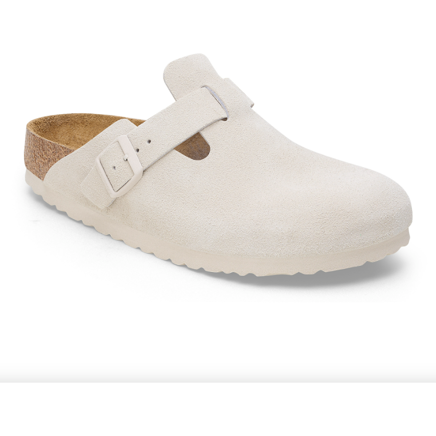 Birkenstock Boston Suede Leather Clogs for Women & Men - Soft Footbed Comfort Sandals in Antique White | Perfect for Home, Office & Casual Wear