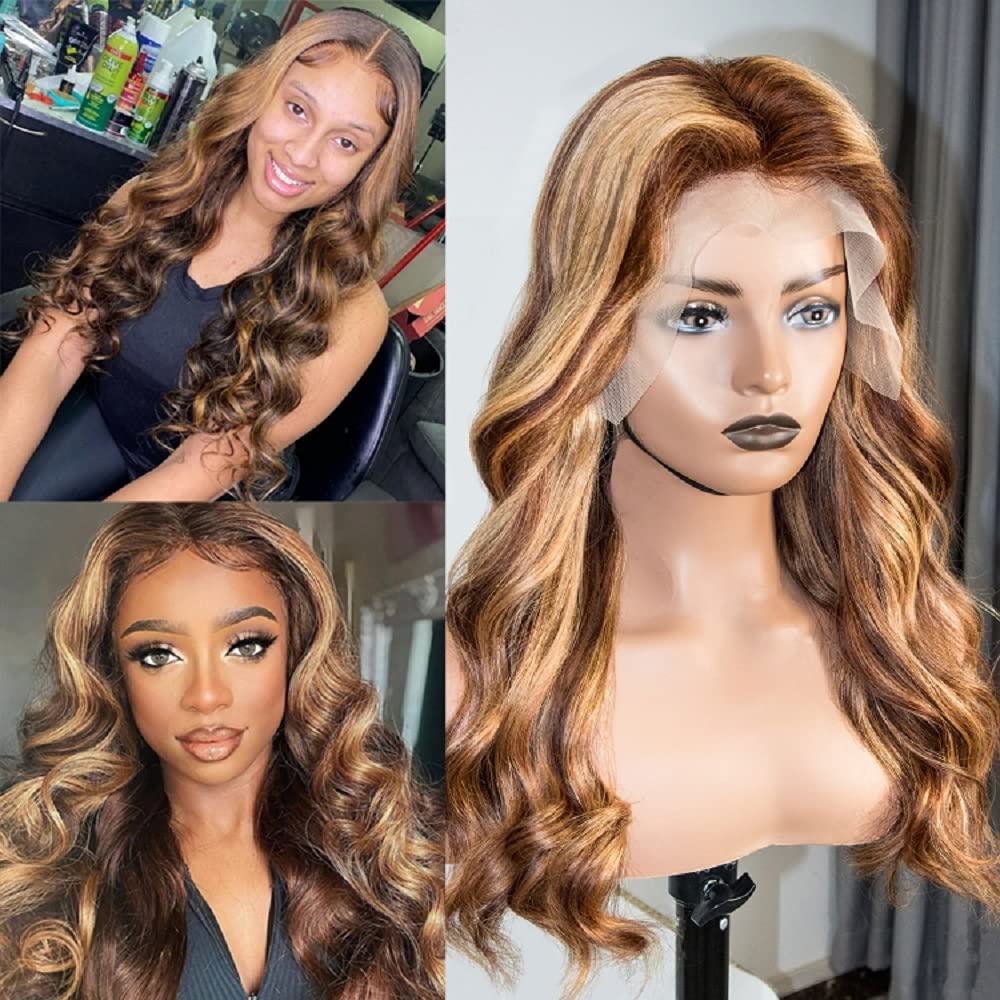 Brazilian Human Hair Body Wave Lace Front Wig 13x4 V-Part - Ombre Highlight Pre Plucked with Baby Hair for Black Women (4/27 Color, 16 Inch) | Perfect for Daily Wear, Parties & Special Occasions