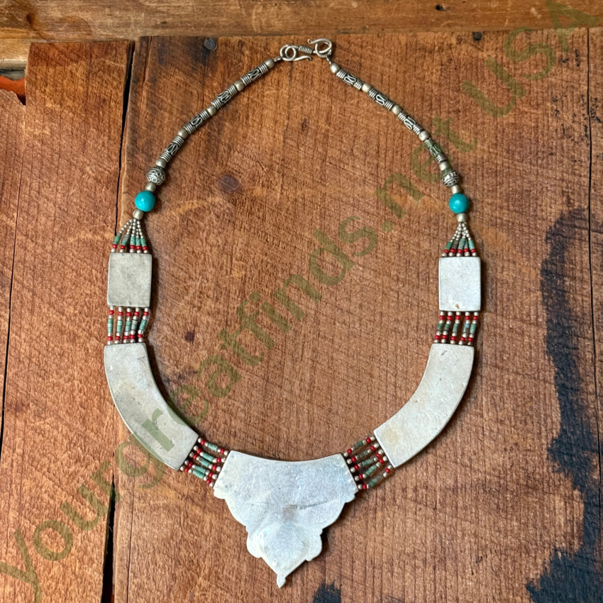 Handmade Tibetan Alpaca Silver Necklace with Turquoise & Coral Beads - Elegant Boho Jewelry for Women, Perfect for Festivals, Weddings & Special Occasions
