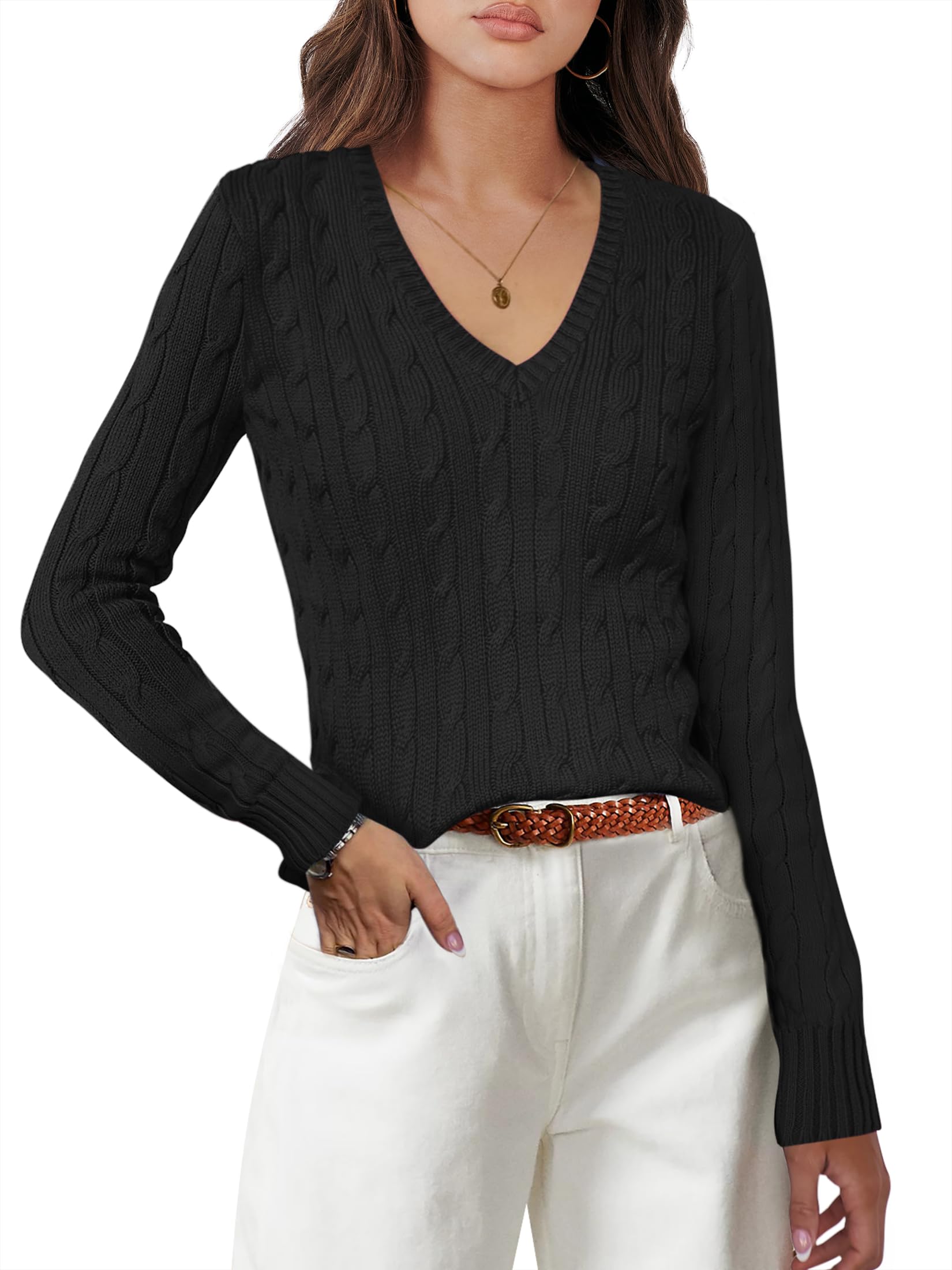 ANRABESS Women's Long Sleeve V Neck Cable Knit Sweater - Soft Winter Pullover Top for Ladies - 2025 Spring Casual & Dressy Outfits - Perfect for Office, Date Night & Weekend Wear
