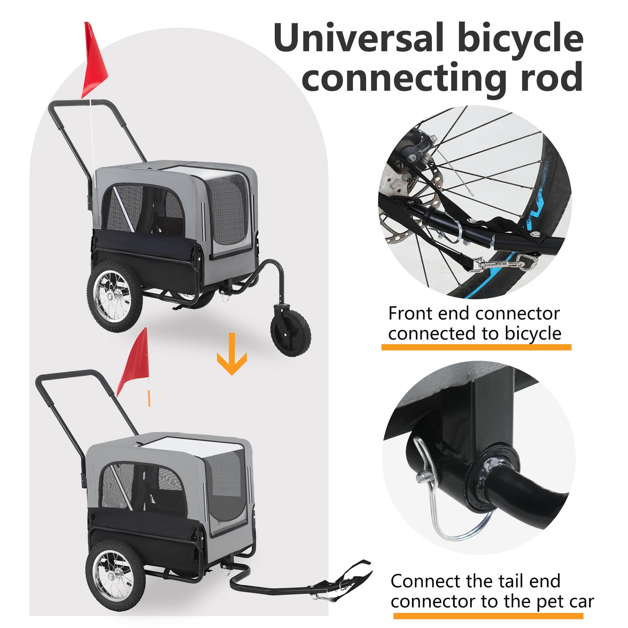 FDW 2-in1 Dog Bike Trailer & Pet Stroller - Convertible Bicycle Carrier with Hitch, Suspension, Safety Flag & Reflectors for Small Medium Large Dogs (Gray) - Perfect for Cycling, Jogging & Outdoor Adventures with Your Pet