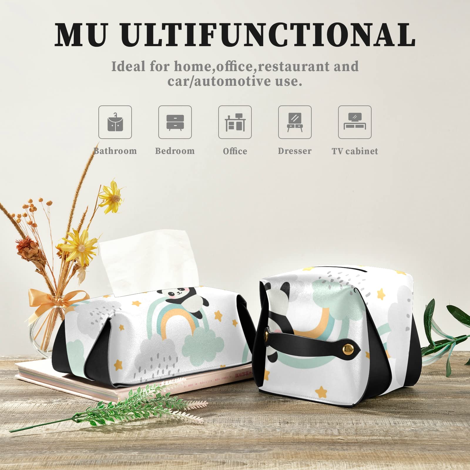 Seamless Panda Tissue Box Cover - Cute Flying Panda with Rainbow Clouds & Stars Design - Rectangle Leather Holder with Handle - Perfect for Bathroom, Home, Night Stand, Vanity, Office Desk & Car (9.4x5.1x3.6 inches) - Great for Home Decor & Gift Giving
