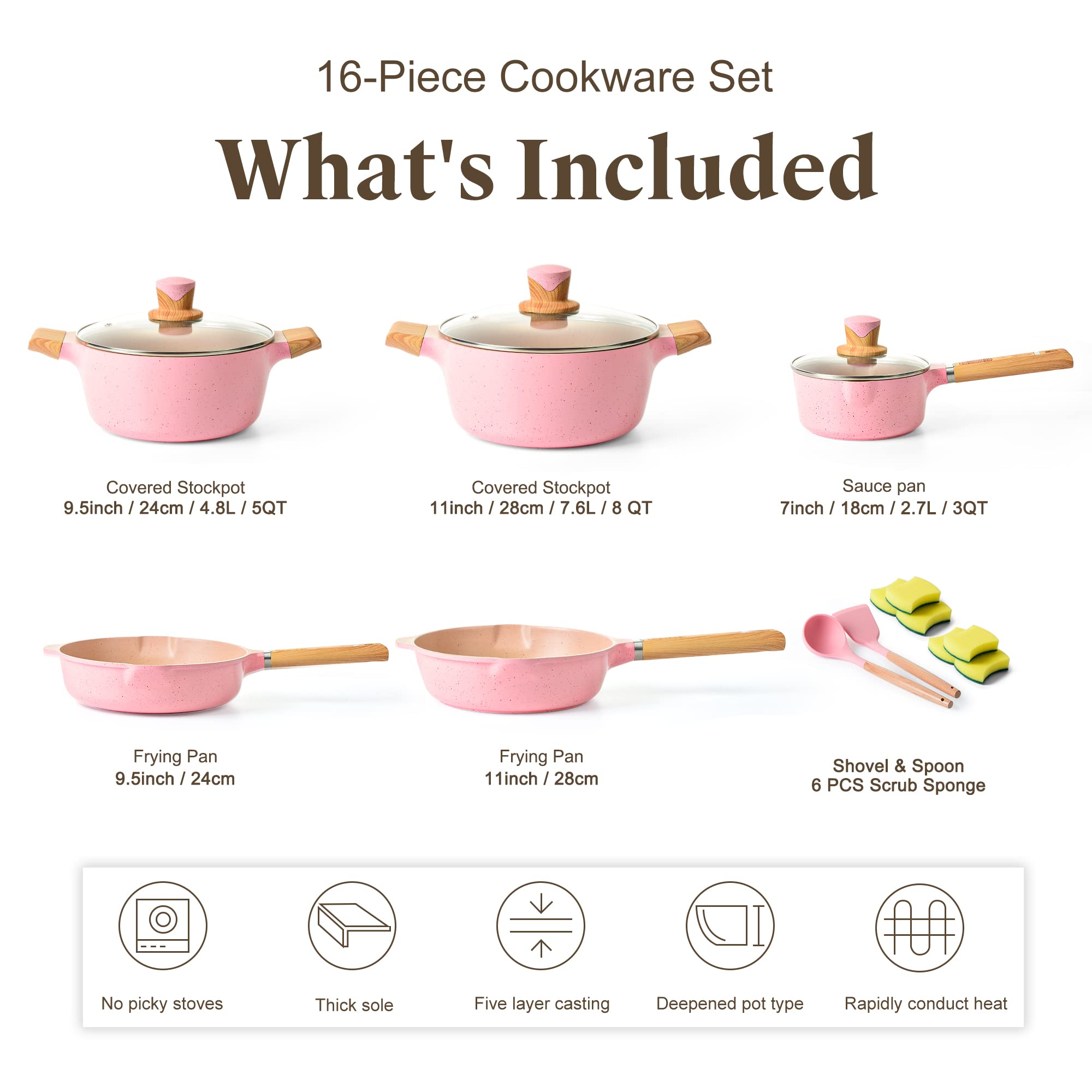 **YIIFEEO 16-Piece Nonstick Granite Cookware Set - Induction Compatible Pots & Pans, PFOA & PTFE-Free, Non-Toxic Kitchen Essentials for Cooking, Baking & Frying - Perfect Holiday Gift for Home Chefs**    *(Ideal for Everyday Cooking, Family Meals, Holiday Feasts & Romantic Dinners)*