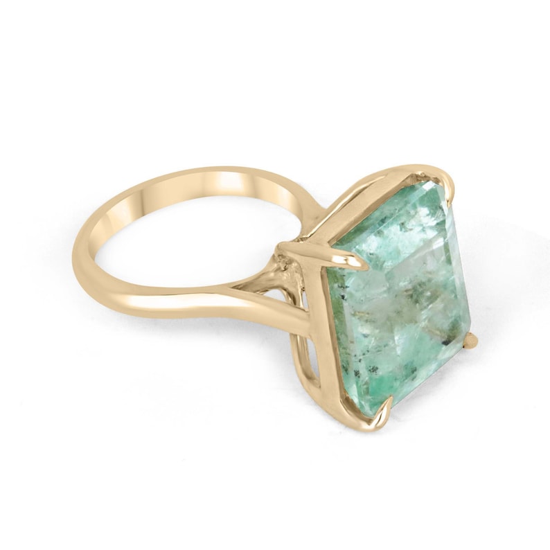 17.80ct 14K Gold Natural Light Spring Green Emerald Cut Solitaire Ring with 4 Prongs - Perfect for Engagement, Anniversary & Special Occasion Jewelry Gifts