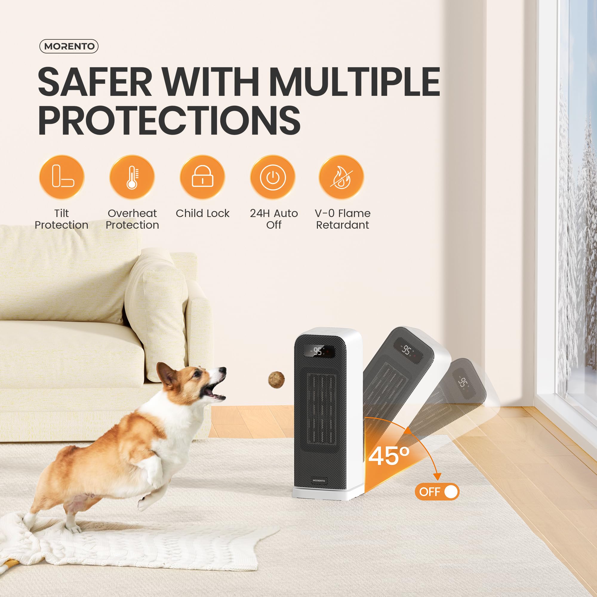 MORENTO Smart WiFi Space Heater with Voice Control, 1500W Portable Electric Heater with Thermostat & 12H Timer, Quiet Indoor Heater for Office, Bedroom, Home - Perfect for Winter Warmth & Energy Saving (White)