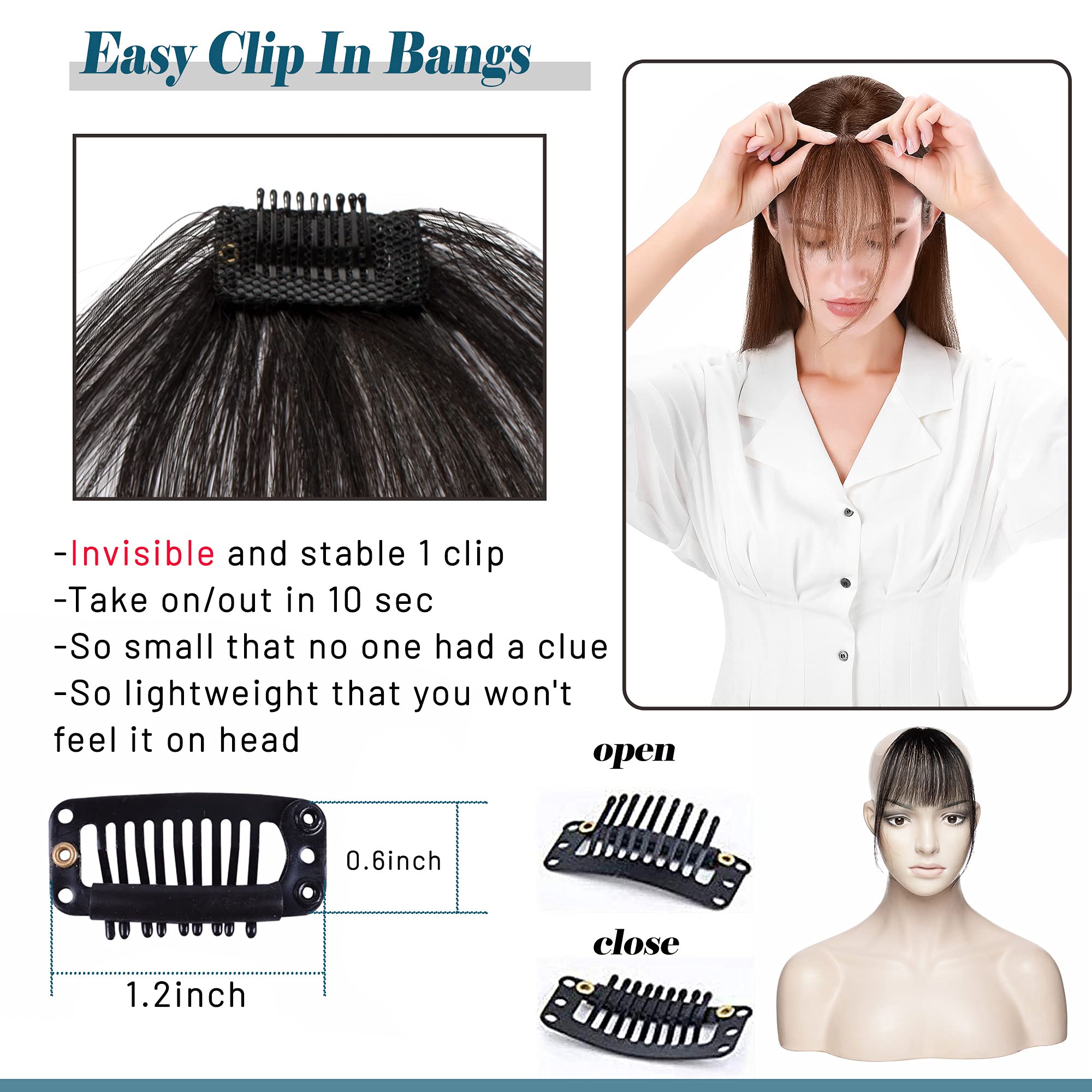 Clip in Bangs Human Hair Extensions - Thin Air Bangs with Temples, 1-Piece Clip on Hairpiece, Soft Remy Hair for Women (Natural Black) - Perfect for Daily Wear, Cosplay & Hairstyle Transformations