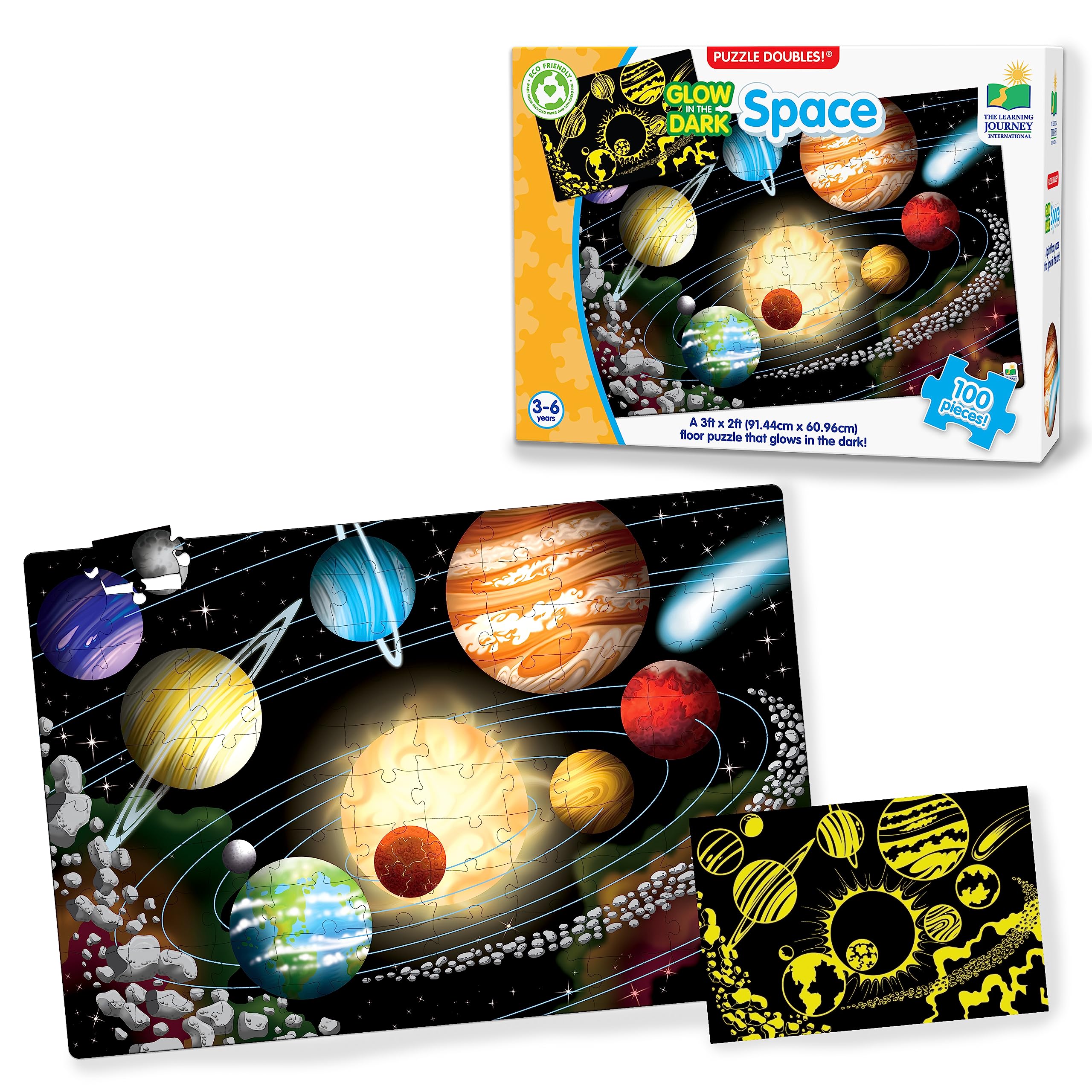 The Learning Journey Puzzle Doubles: Glow in The Dark Space Puzzle - 100 Piece Solar System Puzzle for Kids Ages 4-8 | Award Winning Educational STEM Toy | Perfect for Bedtime Play & Space-Themed Learning Activities