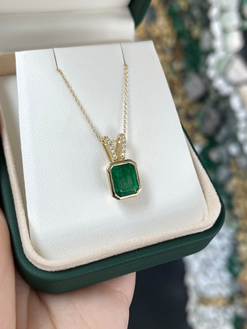 3.17tcw 14K Gold Natural Dark Green Emerald & Diamond Pendant Necklace - Elegant Jewelry Gift for Women, Perfect for Weddings, Anniversaries & Special Occasions