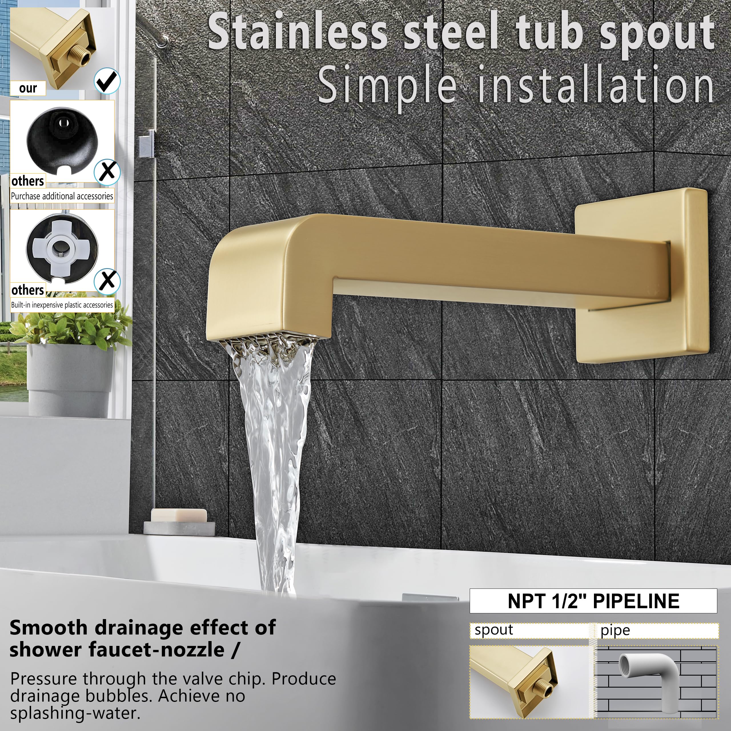 Brushed Gold Shower Fixture Set - 6 Inch Gold Shower Head with Tub Spout & Handle (Valve Included) - Luxury Bathroom Faucet Combo for Modern Home & Spa Experience