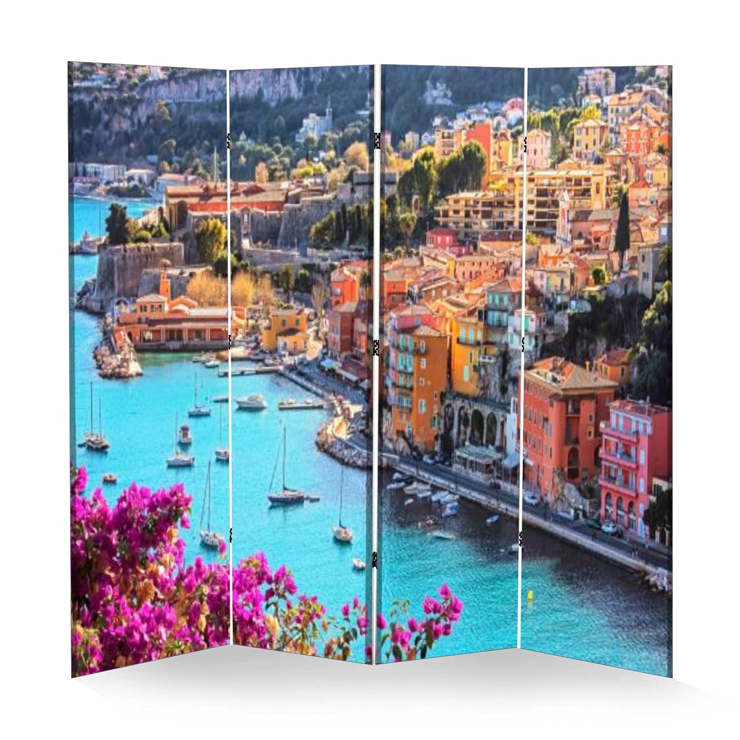Wooden Folding Room Divider - 4-Panel Privacy Screen with Canvas Design, Inspired by Villefranche-sur-Mer France - Dual-Sided Wall Partition for Home & Office Use | Perfect for Living Room, Bedroom, and Studio Spaces