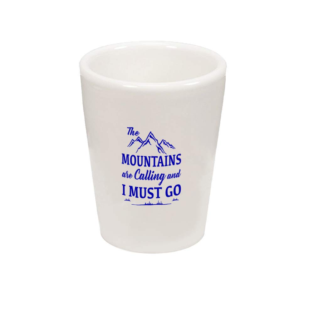 Royal Blue Ceramic Shot Glass - 'The Mountains Are Calling' Design - Perfect for Whiskey, Tequila & Outdoor Adventures