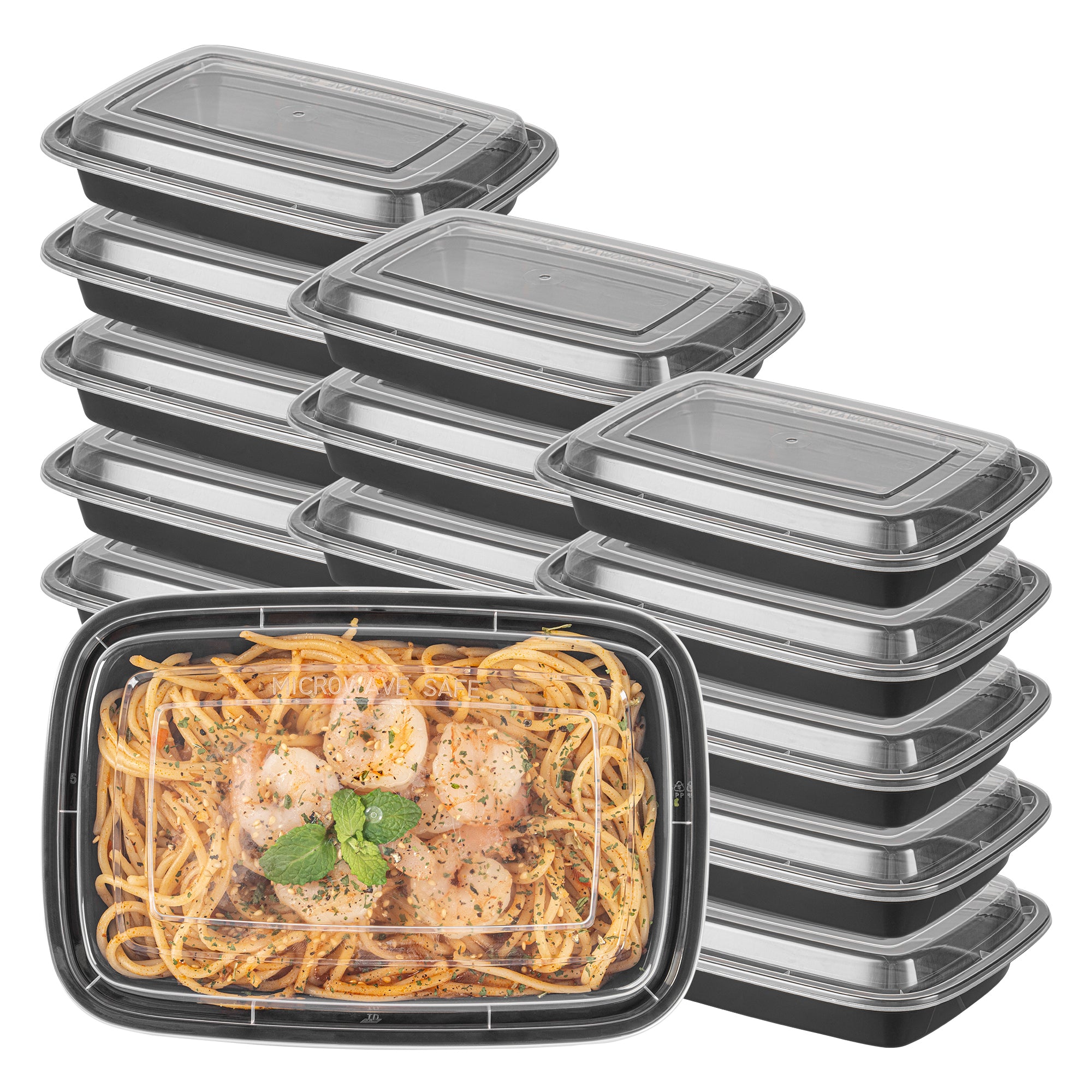 16oz Black Plastic Takeout Containers with Clear Lids - 50 Pack (7.75