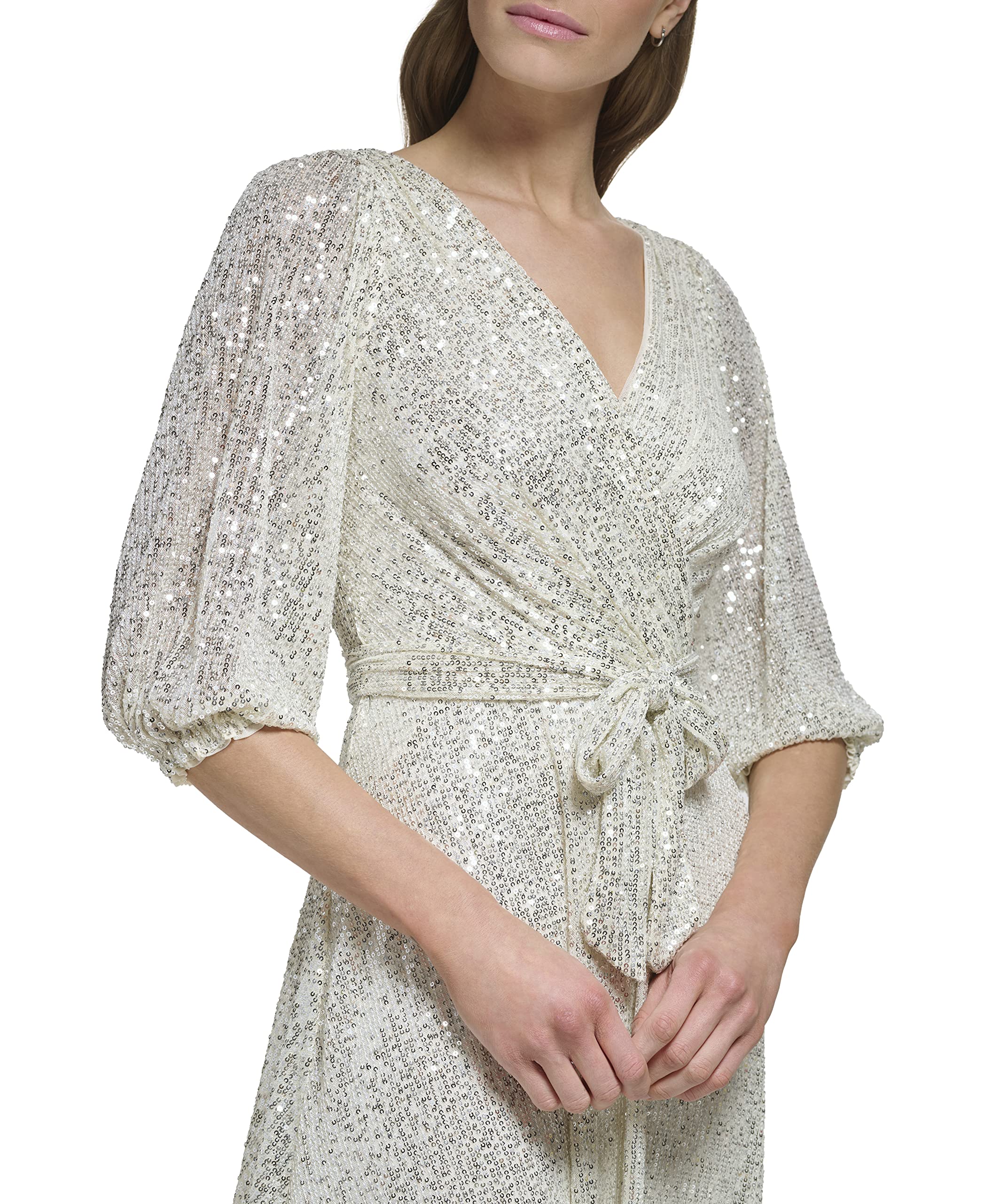 DKNY Women's Long Sleeve Sequin Surplice Faux Wrap Blouse - Elegant Party Top for Evening Events, Date Nights & Special Occasions