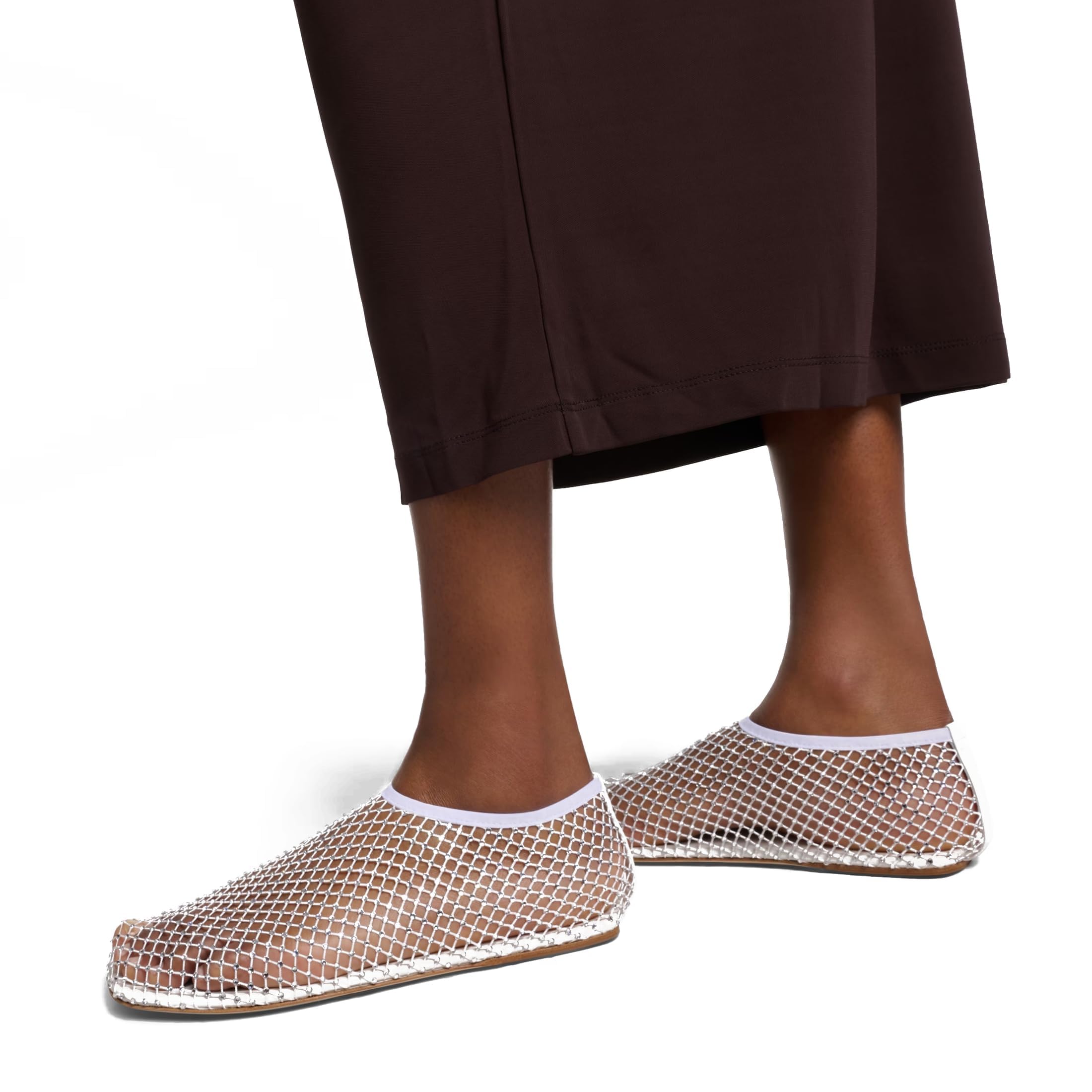 Arqa Crystals Women's Mesh Ballet Flats with Rhinestone Embellishments - Comfortable Fishnet Sock Casual Shoes for Work, Party & Everyday Wear
