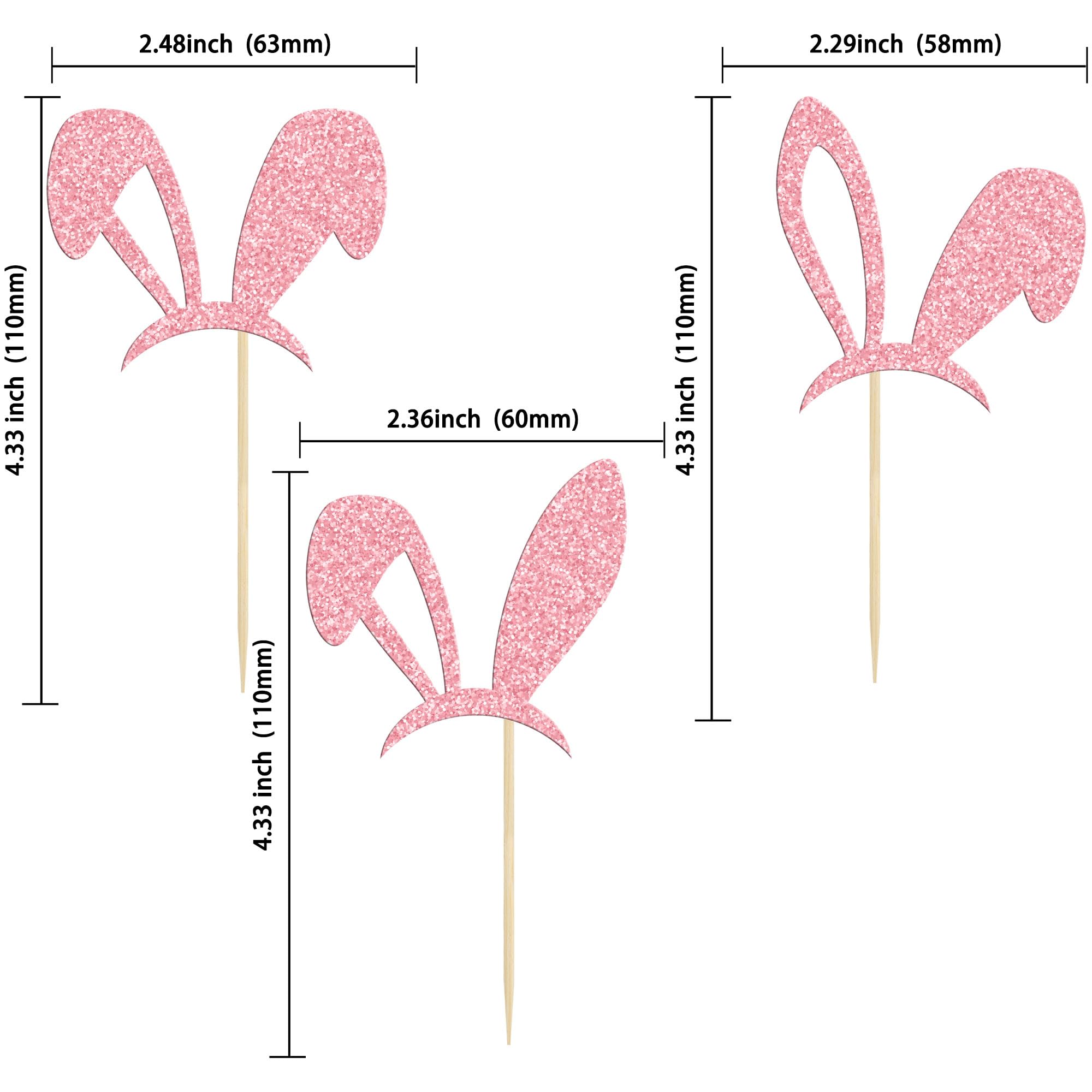 24 Pack Easter Bunny Ear Cupcake Toppers - Pink Glitter Rabbit Cake Decorations for Easter, Spring Birthday & Baby Shower Party Supplies | DIY Dessert Decor, Holiday Baking, Themed Celebrations