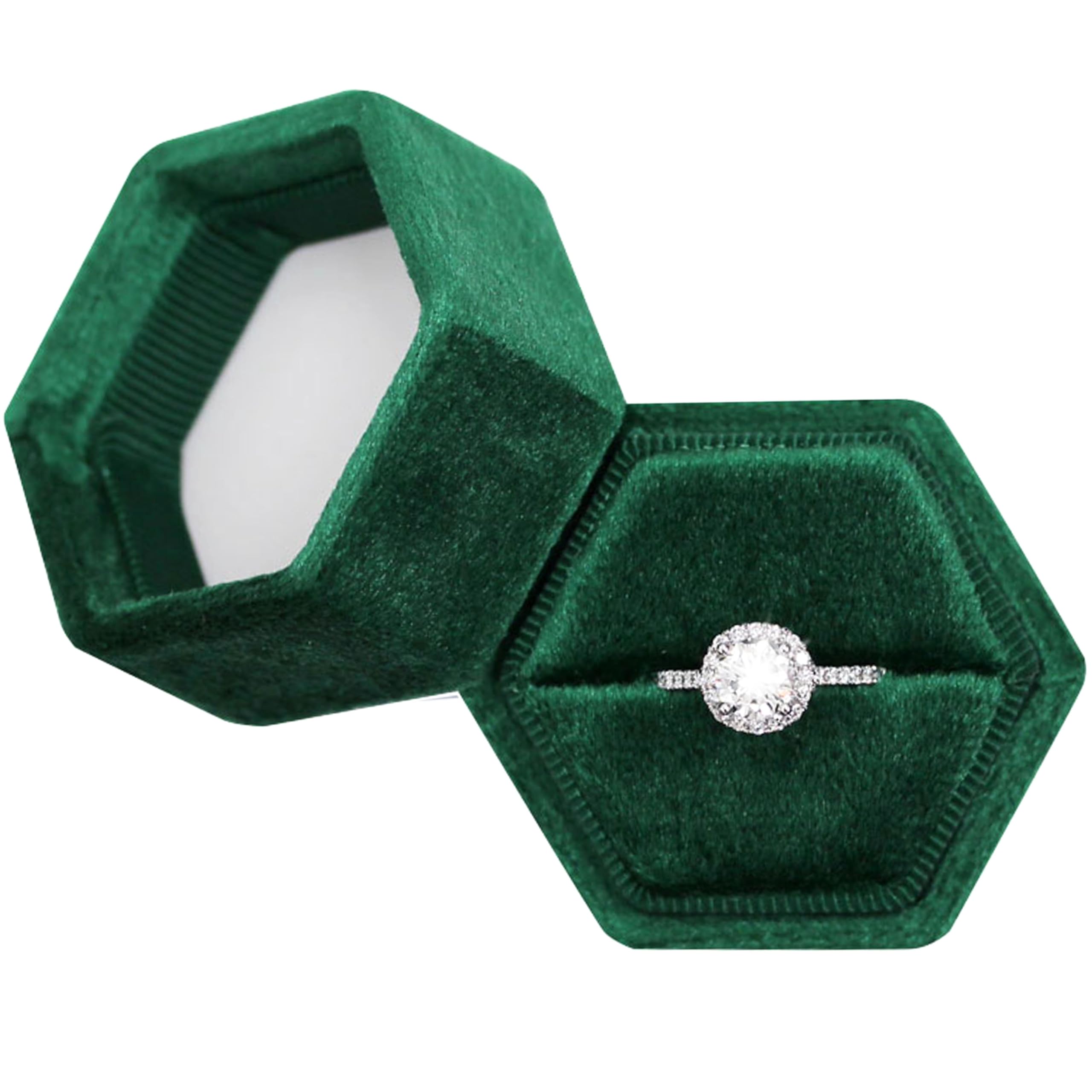 Hexagon Velvet Jewelry Box - Single Slot Ring Box for Engagement & Wedding - Dark Emerald Keepsake Box for Bridal Photos - Perfect for Proposals, Anniversary Gifts & Jewelry Storage