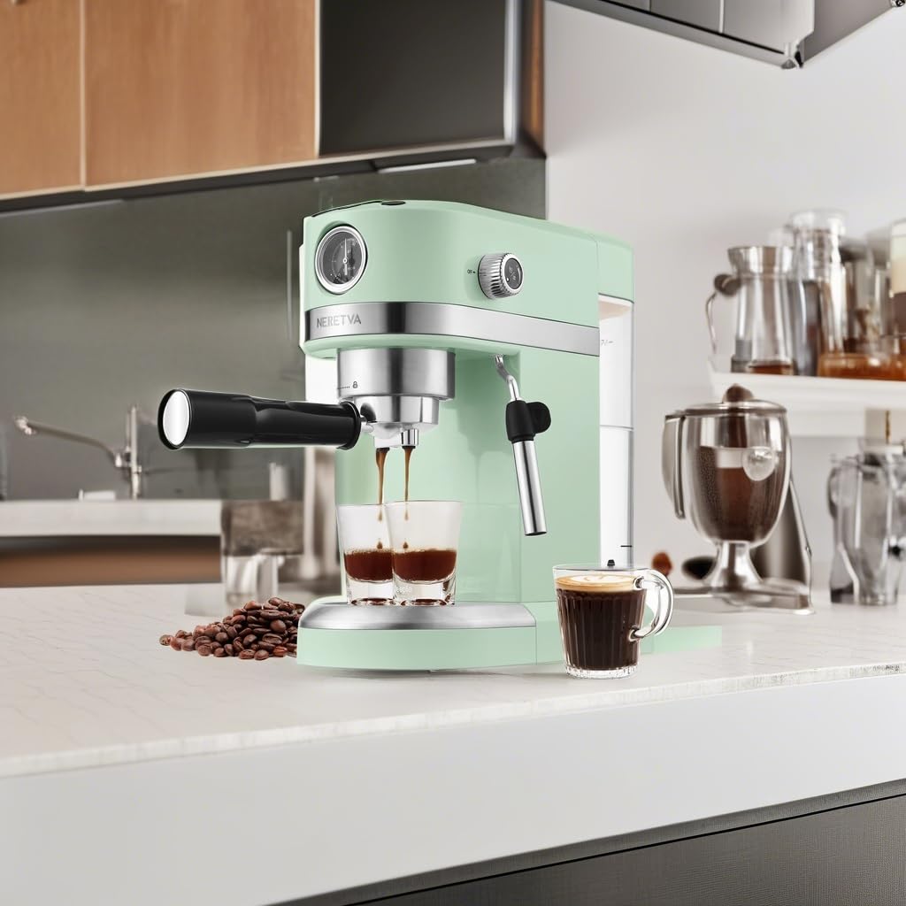 Neretva 20 Bar Espresso Coffee Machine with Steam Wand - Compact Home Espresso Maker for Latte, Cappuccino & Americano, 1350W Italian High Pressure Coffee Machine (Mint Green) - Perfect for Home Baristas & Coffee Lovers