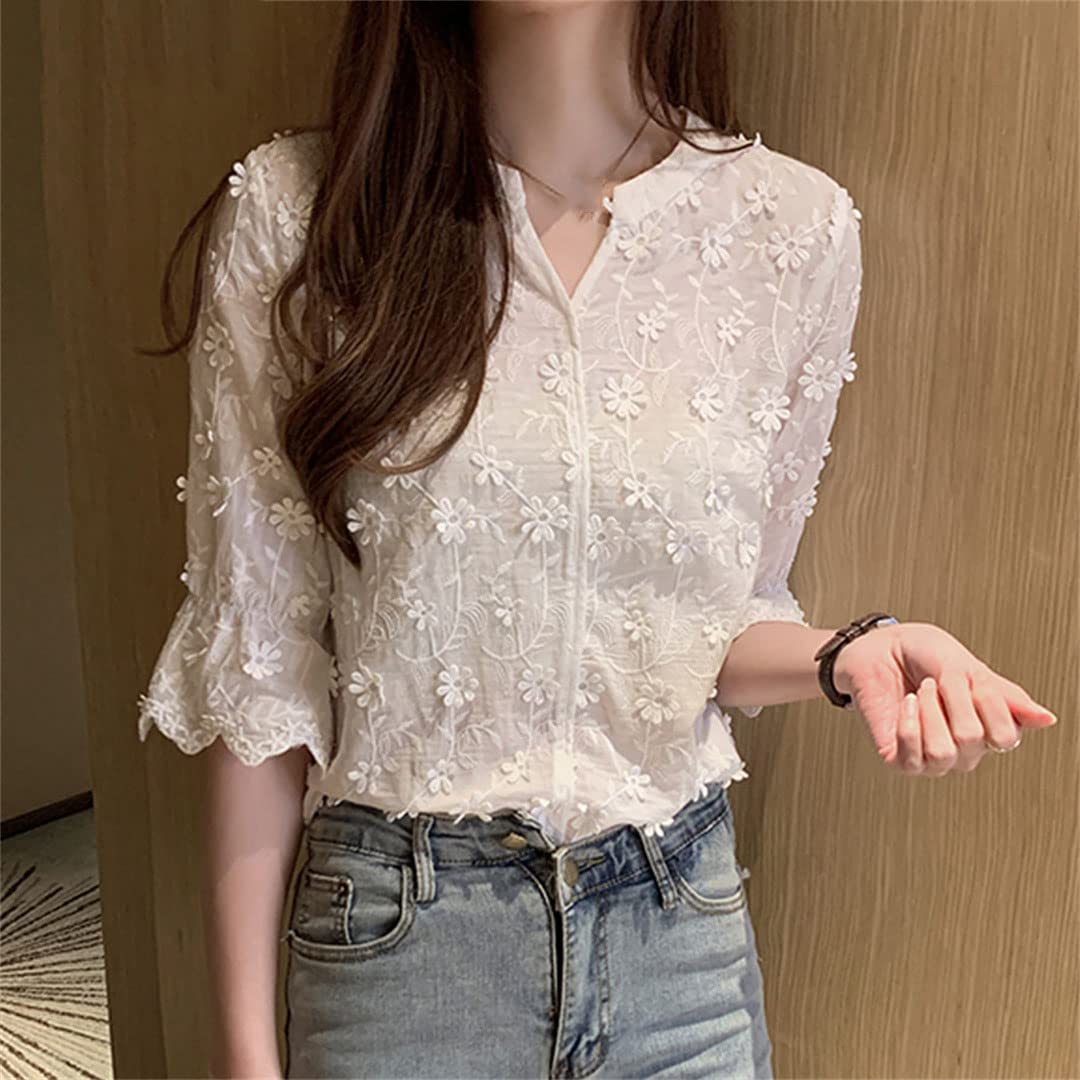 Women's Crochet V-Neck 3/4 Sleeve Boho Blouse with 3D Floral Embroidery - Loose Fit Casual Tunic Top (White, Size M) | Perfect for Beach Vacations, Summer Outings & Boho-Chic Fashion