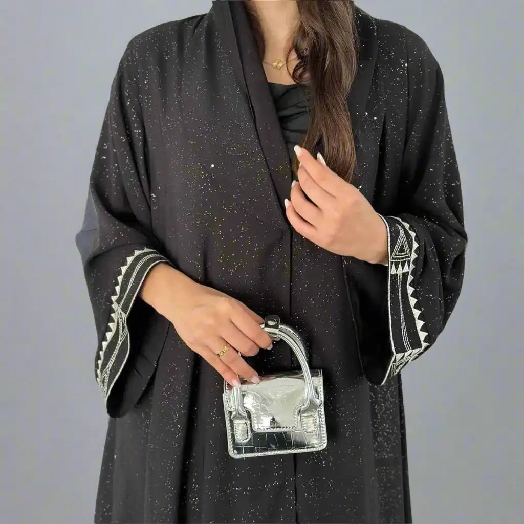 Elegant Muslim Women's Open Abaya Dress with Embroidery Sleeve & Glitter Details - Modest Islamic Fashion for Prayer, Wedding & Special Occasions