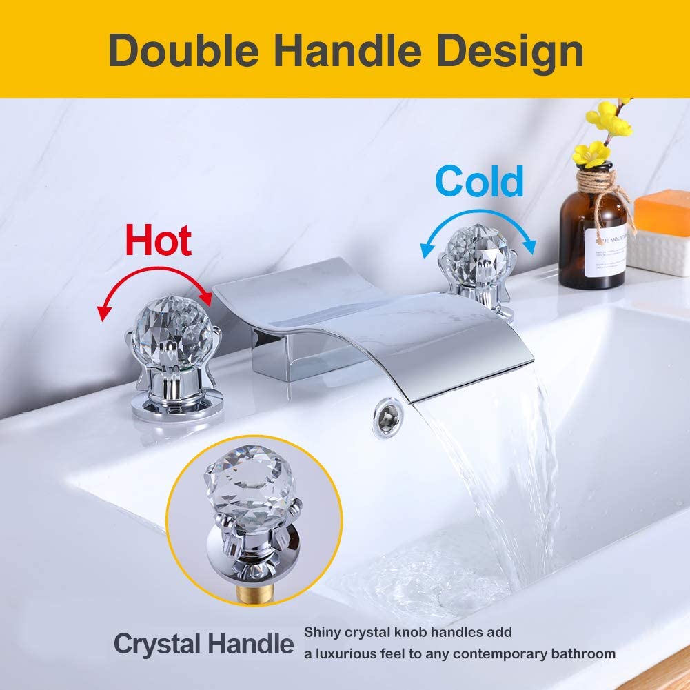 Chrome Bathtub Faucet with Handheld Shower - 3 Hole Bathroom Faucet with Waterfall Spout & 2 Crystal Knobs - Perfect for Modern Bathroom Renovation and Spa-Like Shower Experience