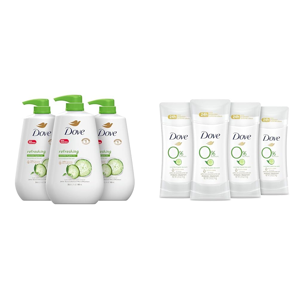 Dove Refreshing Cucumber & Green Tea Body Wash with Pump - Moisturizing Skin Cleanser & Aluminum-Free Deodorant - 24 Hour Odor Protection - Perfect for Daily Shower & Gym Use