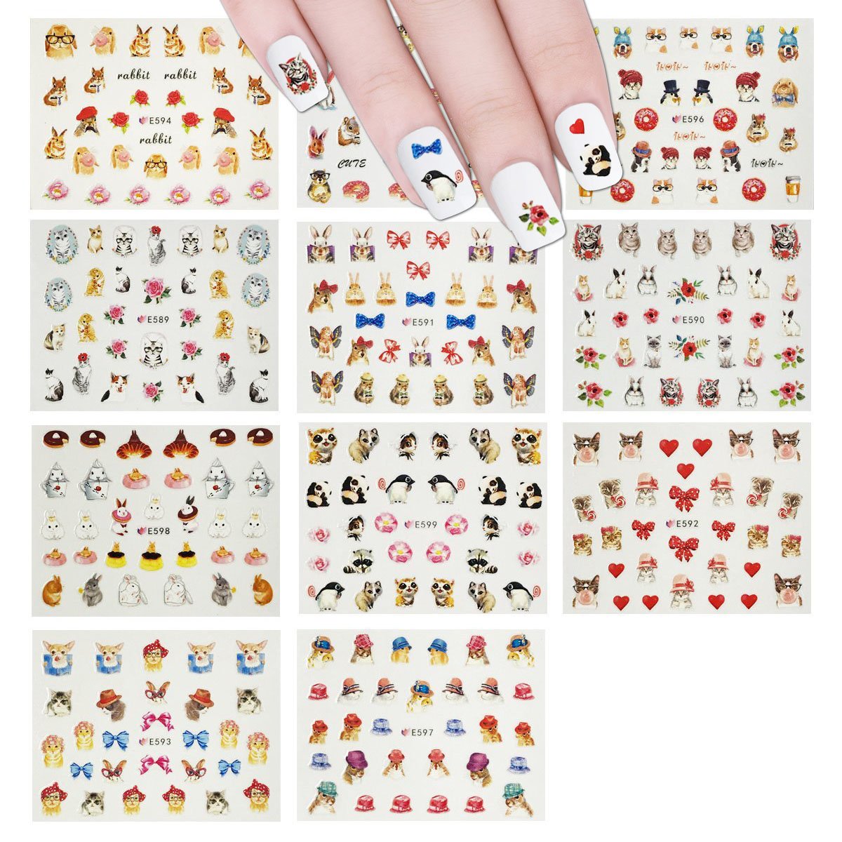 ALLYDREW 3D Furry Animal Nail Stickers - 330+ Cute Cat, Rabbit & Panda Nail Decals (11 Sheets) | Easter Nail Art for DIY Manicures, Party Nail Decorations