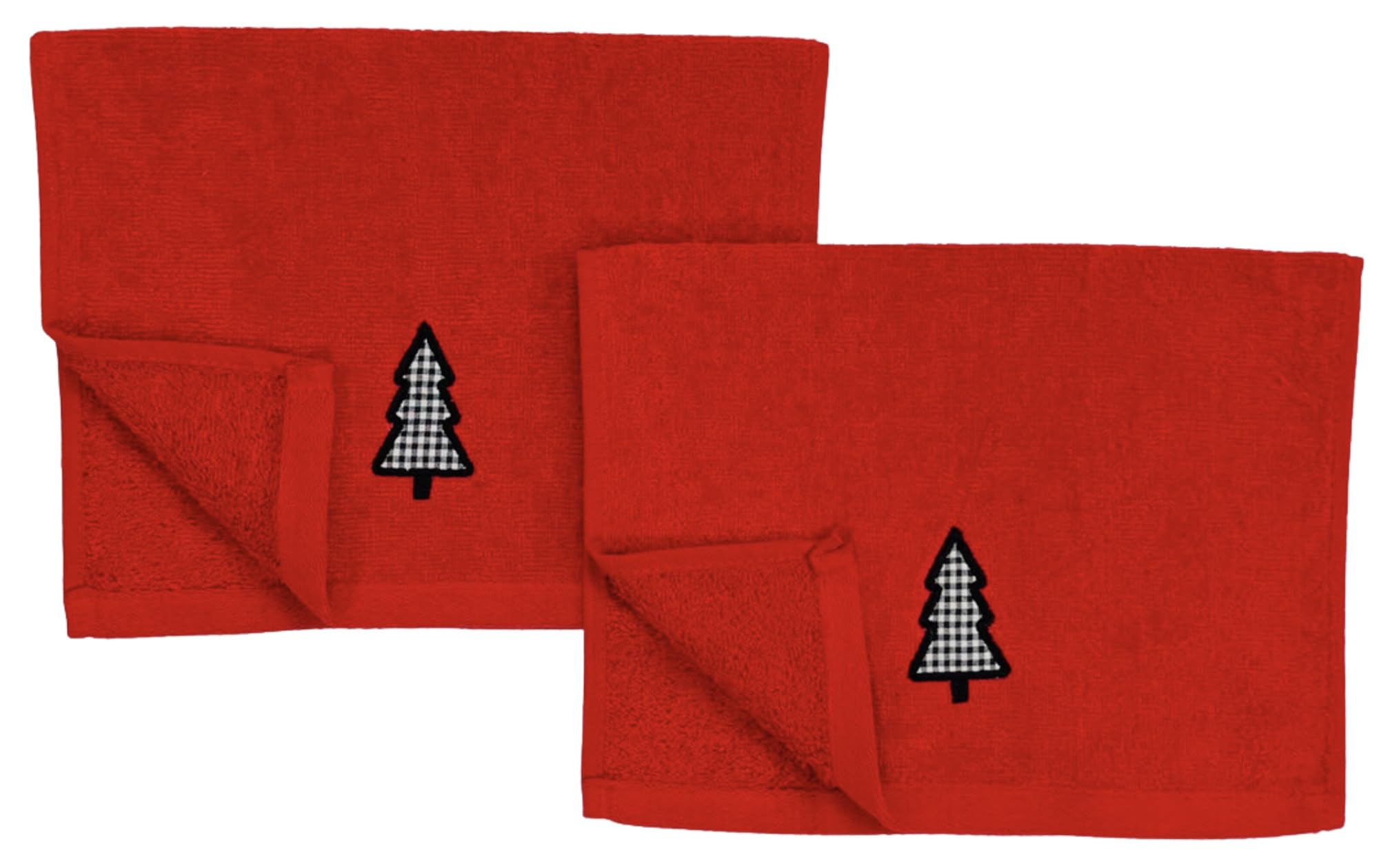 Luxury Christmas Red Towel Set - Embroidered Check Tree Bathroom Fingertip Towels (Set of 2) | Holiday Home Decor & Festive Gift Idea