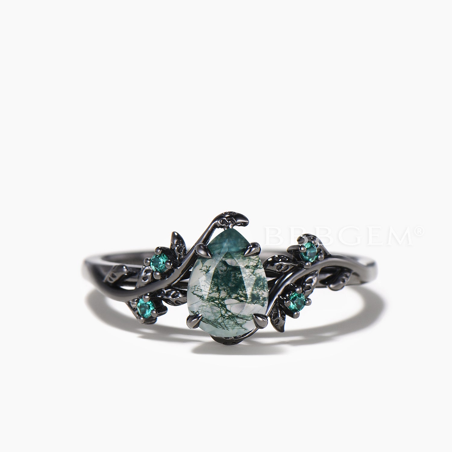 Natural Pear Cut Moss Agate Engagement Ring Set in Twisted Black Gold – Elegant Bridal Jewelry for Weddings & Proposals