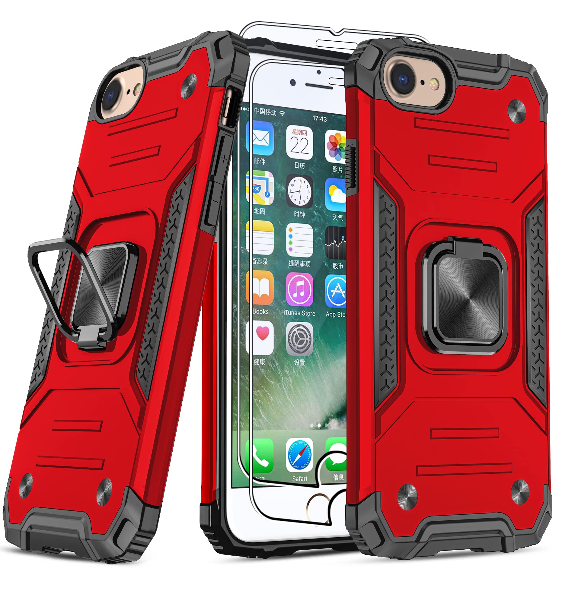 SunStory Magnetic Ring Kickstand Case for iPhone SE 2022/2020 & iPhone 7/8 - 2 Pack with Tempered Glass Screen Protector (Z-Red) | Shockproof Protection & Hands-Free Viewing for Work, Travel & Daily Use