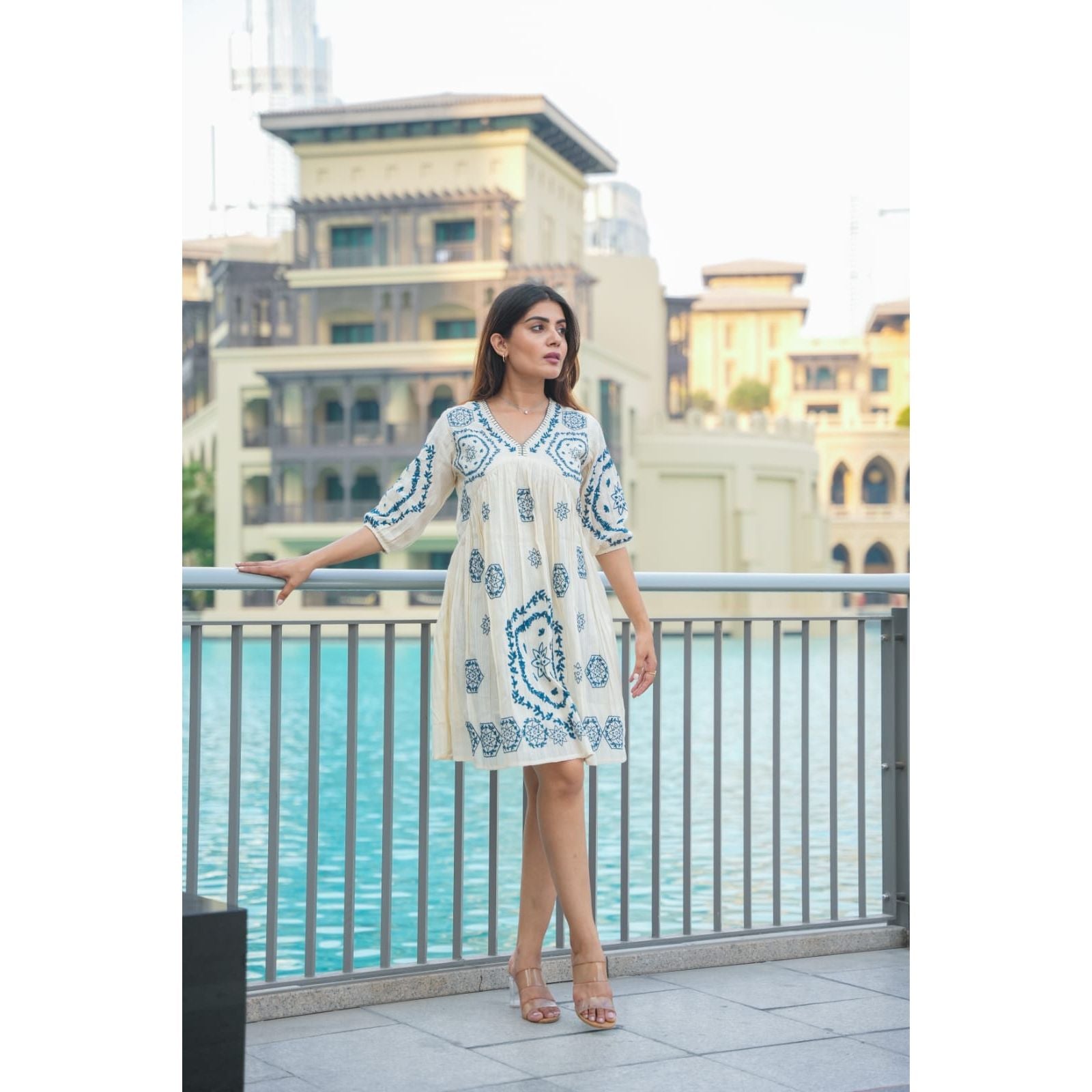 Stylish White and Blue Cotton Dress for Women - Comfortable Summer Casual Wear for Outings, Beach, and Parties