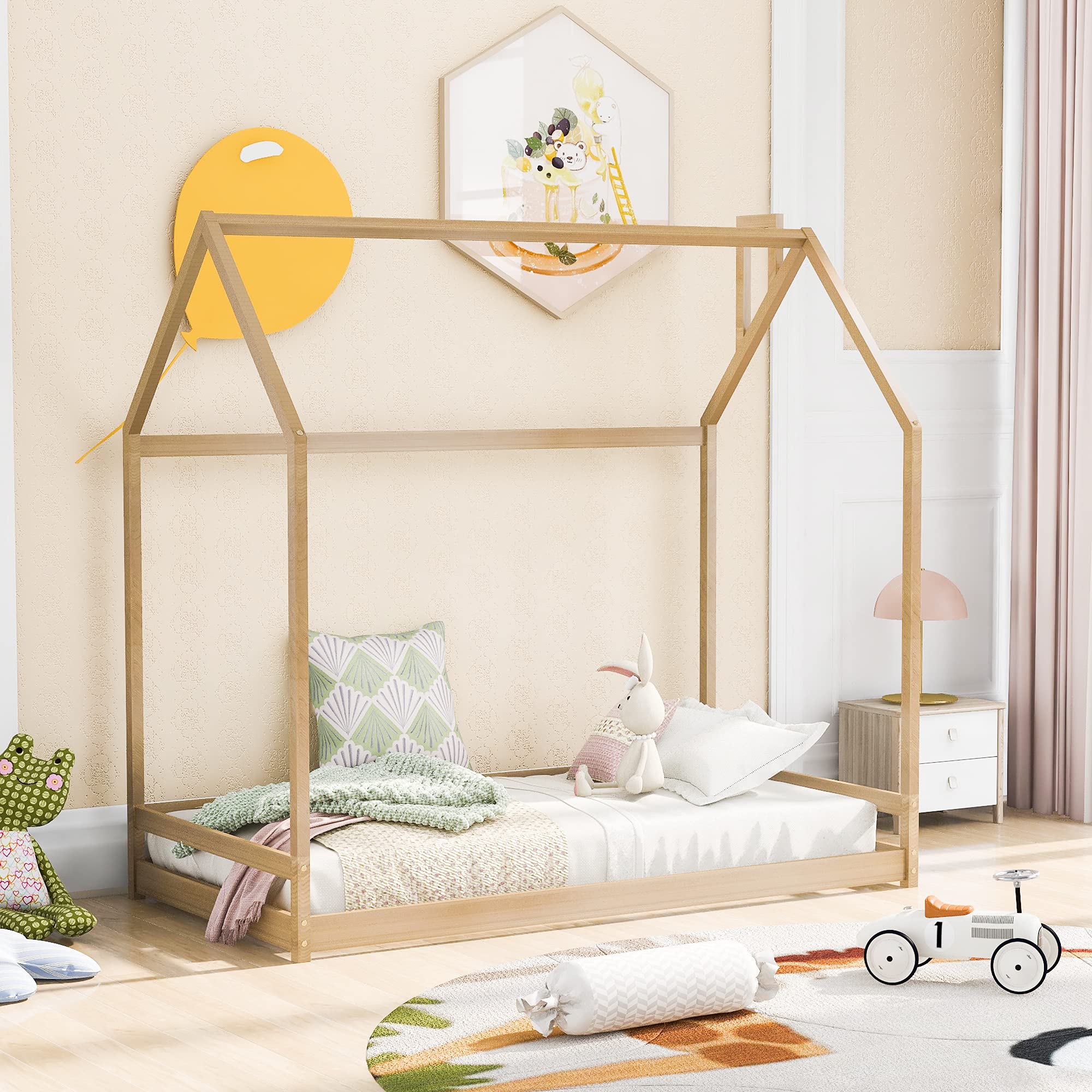 **AOCOROE Twin Size Wooden House Bed for Kids - Playhouse Design Canopy Bed with Floor Height, Natural Wood Finish - Perfect for Boys & Girls Bedroom, Playroom, or Nursery Decor**