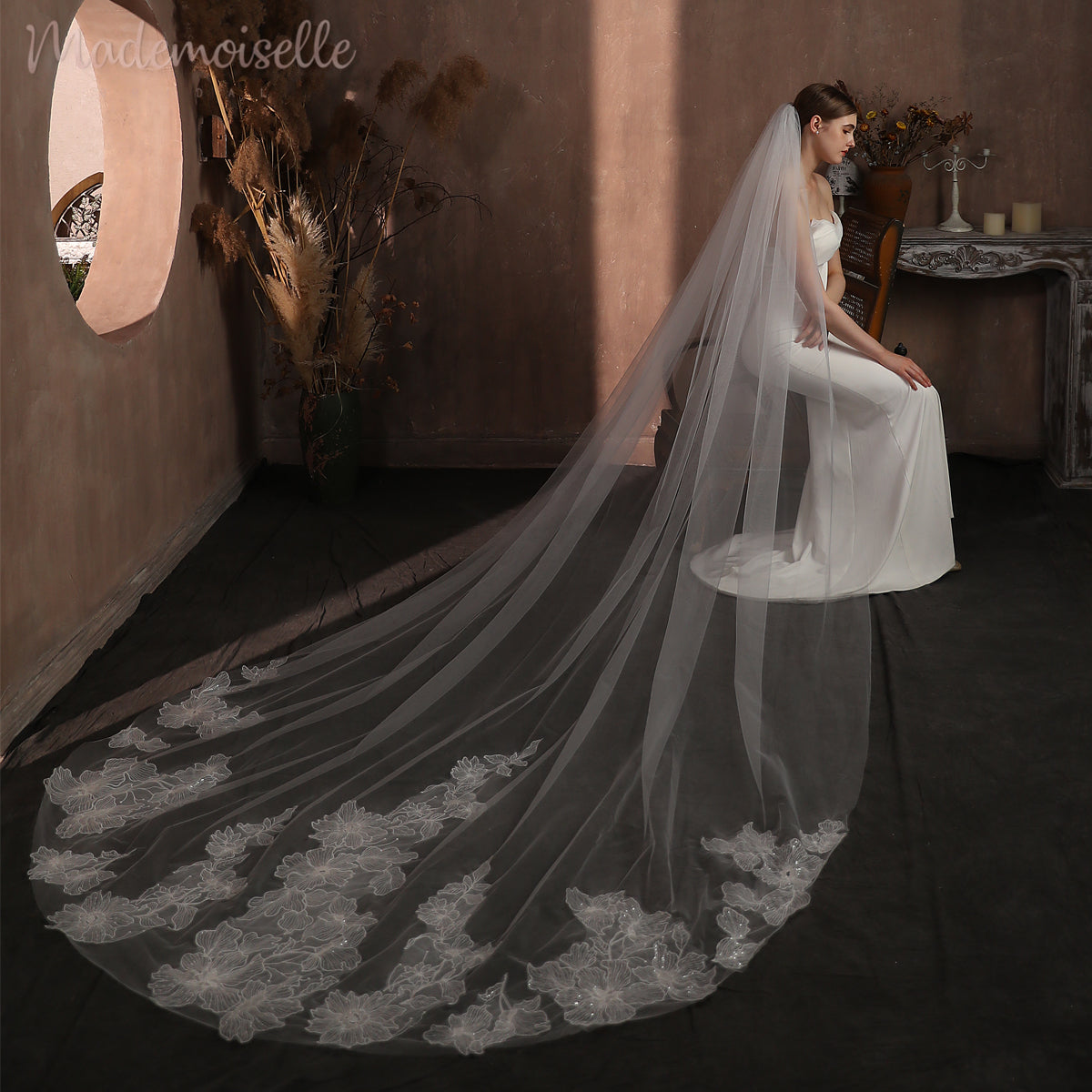 Emmeline Veil - Elegant Wedding Veil with Lace Trim for Brides | Perfect for Church Ceremonies, Outdoor Weddings & Photo Shoots
